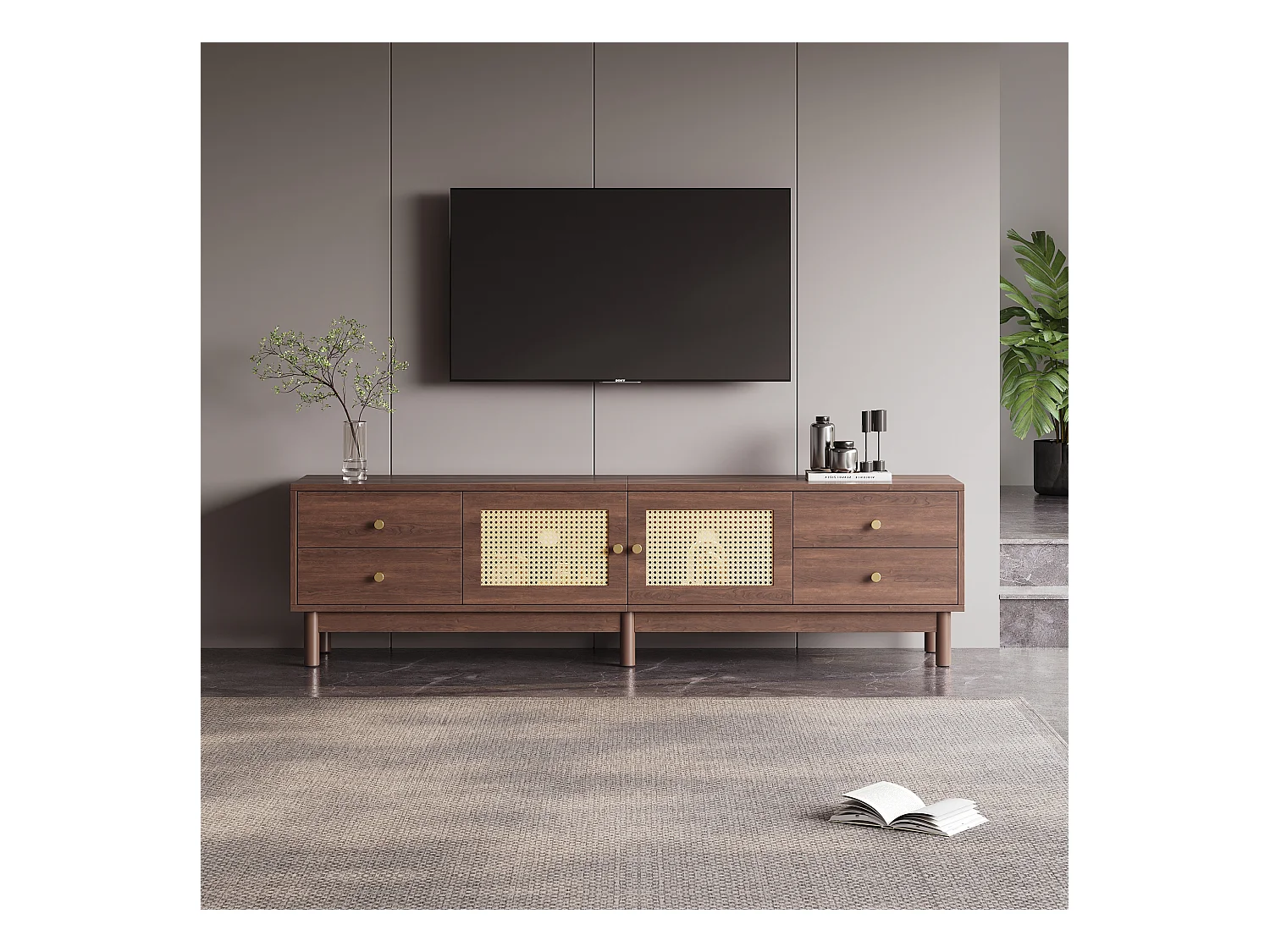Meuble TV avec 4 tiroirs et 2 portes en rotin - 180 x 35 x 44 cm - Panneaux de particules - Marron