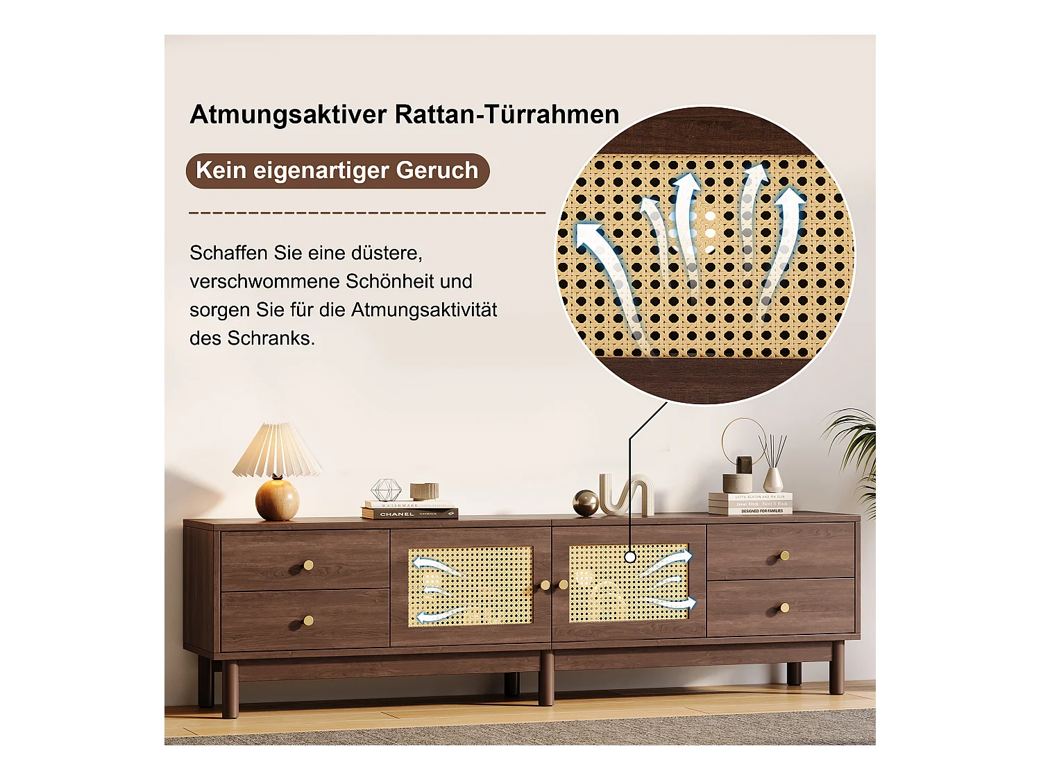 TV-meubel met 4 lades en 2 rotan deuren - 180 x 35 x 44 cm - Spaanplaat - Bruin