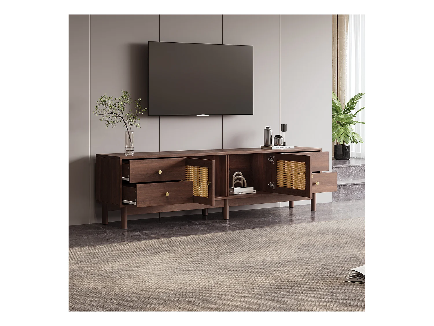 TV-meubel met 4 lades en 2 rotan deuren - 180 x 35 x 44 cm - Spaanplaat - Bruin