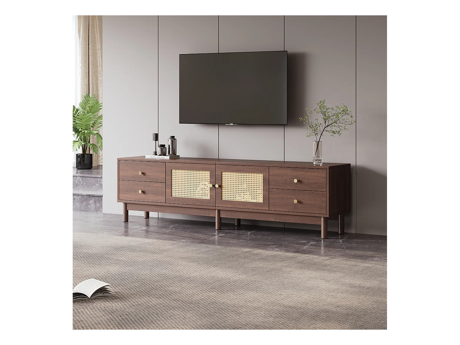 TV-meubel met 4 lades en 2 rotan deuren - 180 x 35 x 44 cm - Spaanplaat - Bruin