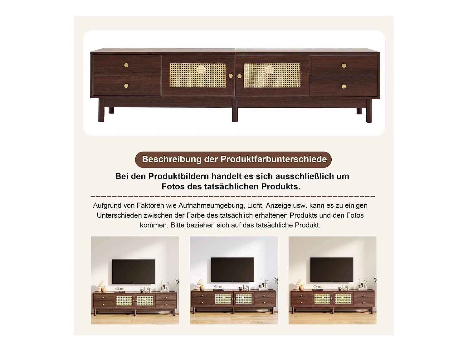 TV-meubel met 4 lades en 2 rotan deuren - 180 x 35 x 44 cm - Spaanplaat - Bruin