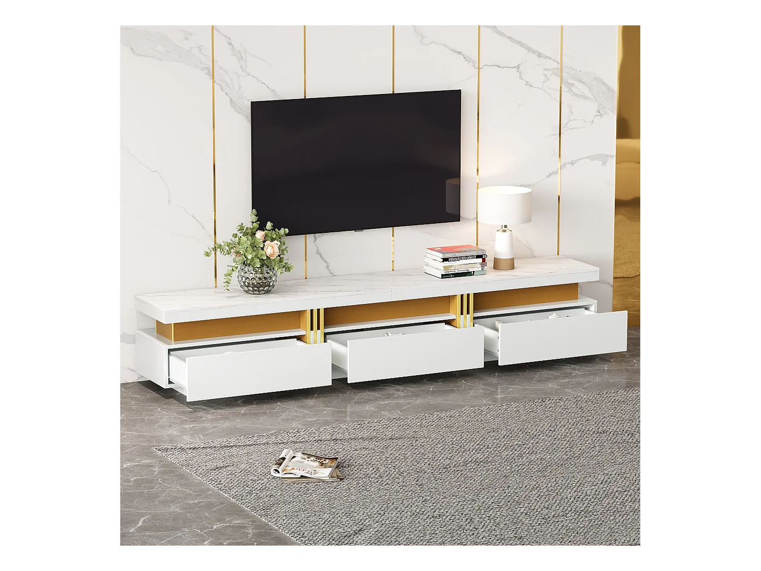 Meuble TV avec 3 tiroirs - 200 x 40 x 42 cm - Panneau de particules - Aspect marbre - Blanc