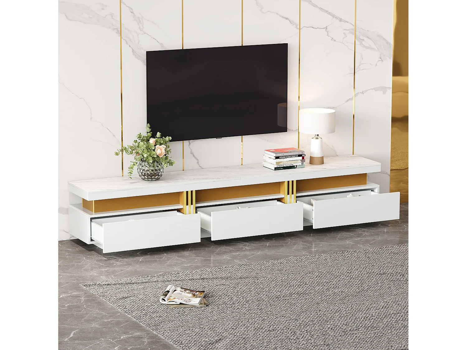 TV-Schrank mit 3 Schubladen – 200 x 40 x 42 cm – Spanplatte – Marmoroptik – Weiß