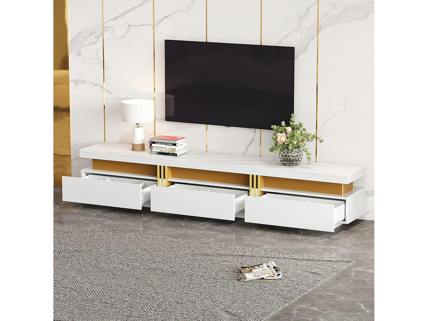 TV-Schrank mit 3 Schubladen – 200 x 40 x 42 cm – Spanplatte – Marmoroptik – Weiß