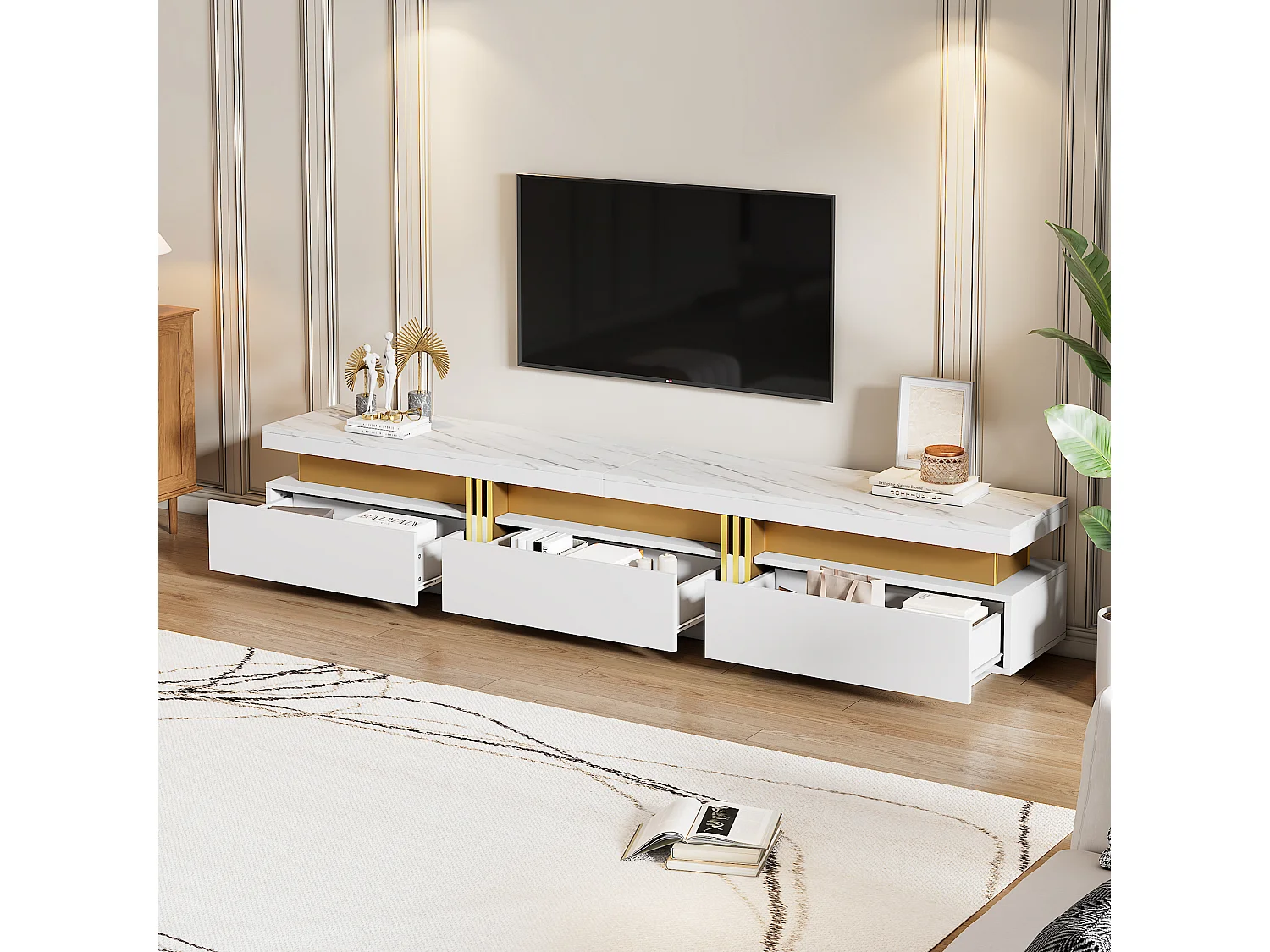 TV-Schrank mit 3 Schubladen – 200 x 40 x 42 cm – Spanplatte – Marmoroptik – Weiß