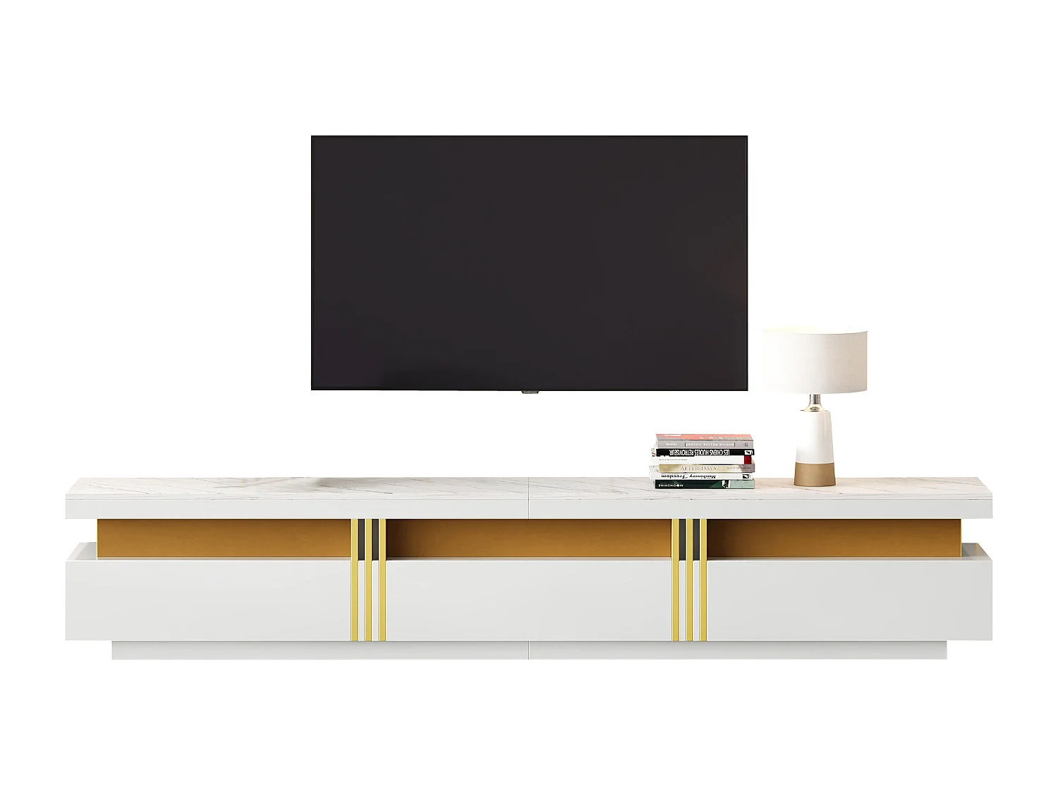 TV-Schrank mit 3 Schubladen – 200 x 40 x 42 cm – Spanplatte – Marmoroptik – Weiß