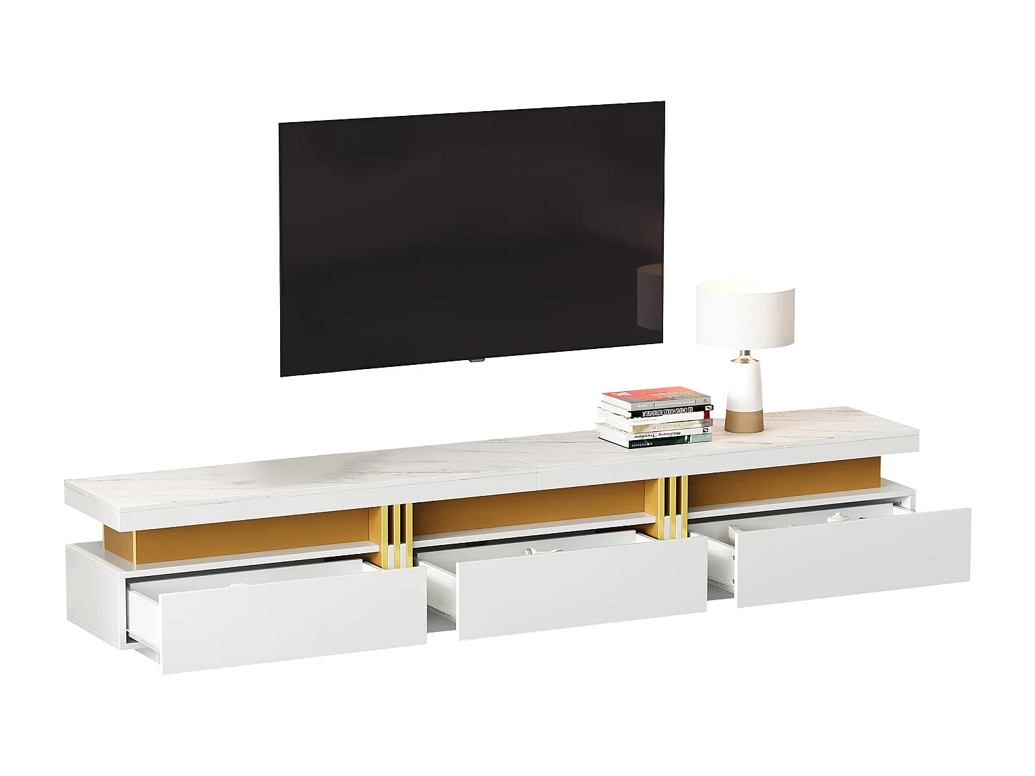 TV-Schrank mit 3 Schubladen – 200 x 40 x 42 cm – Spanplatte – Marmoroptik – Weiß