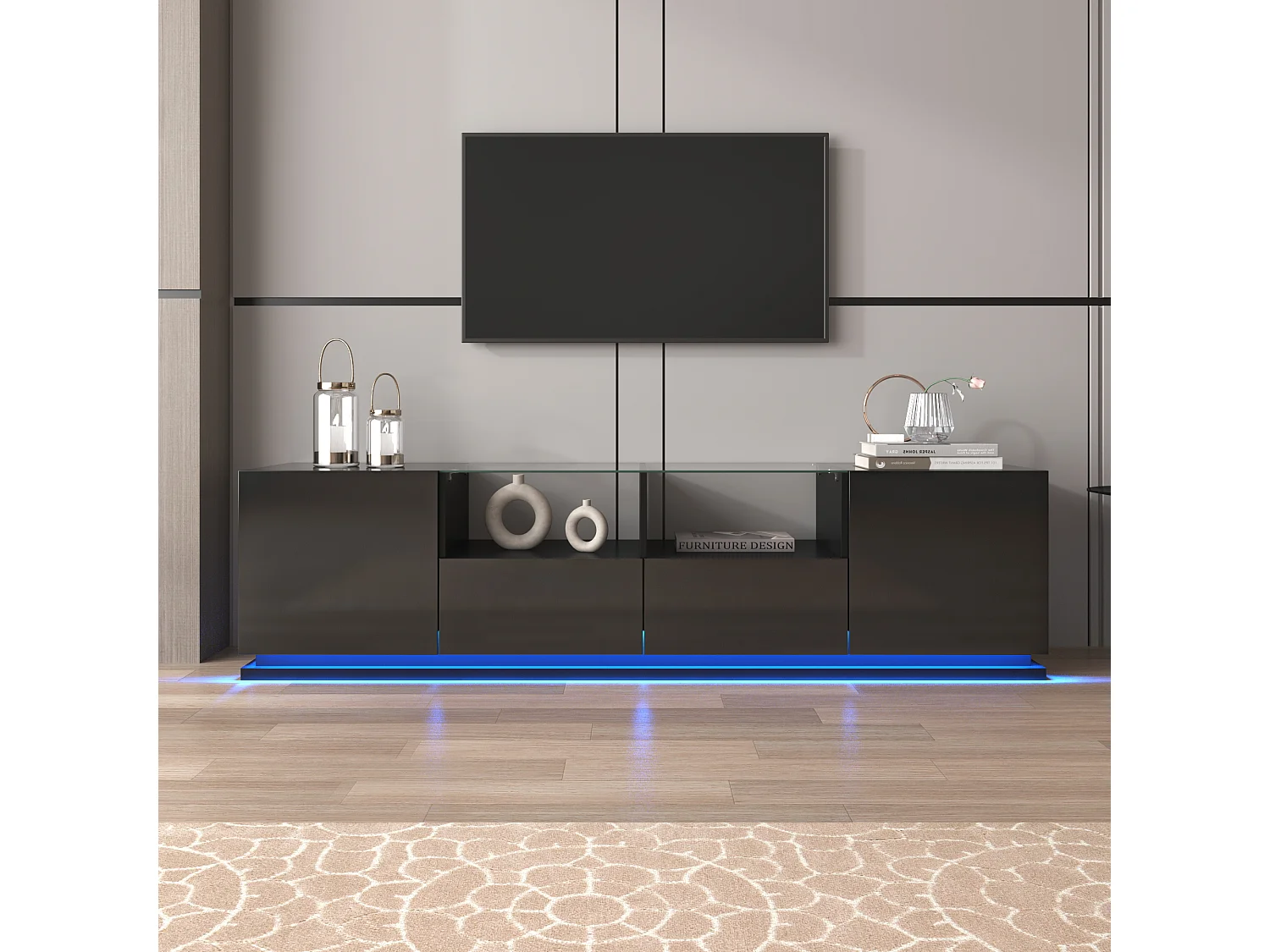 Glanzend TV-meubel met glazen planken - 165 x 38 x 43 cm - 2 laden en 2 deuren - LED's - Spaanplaat - Zwart