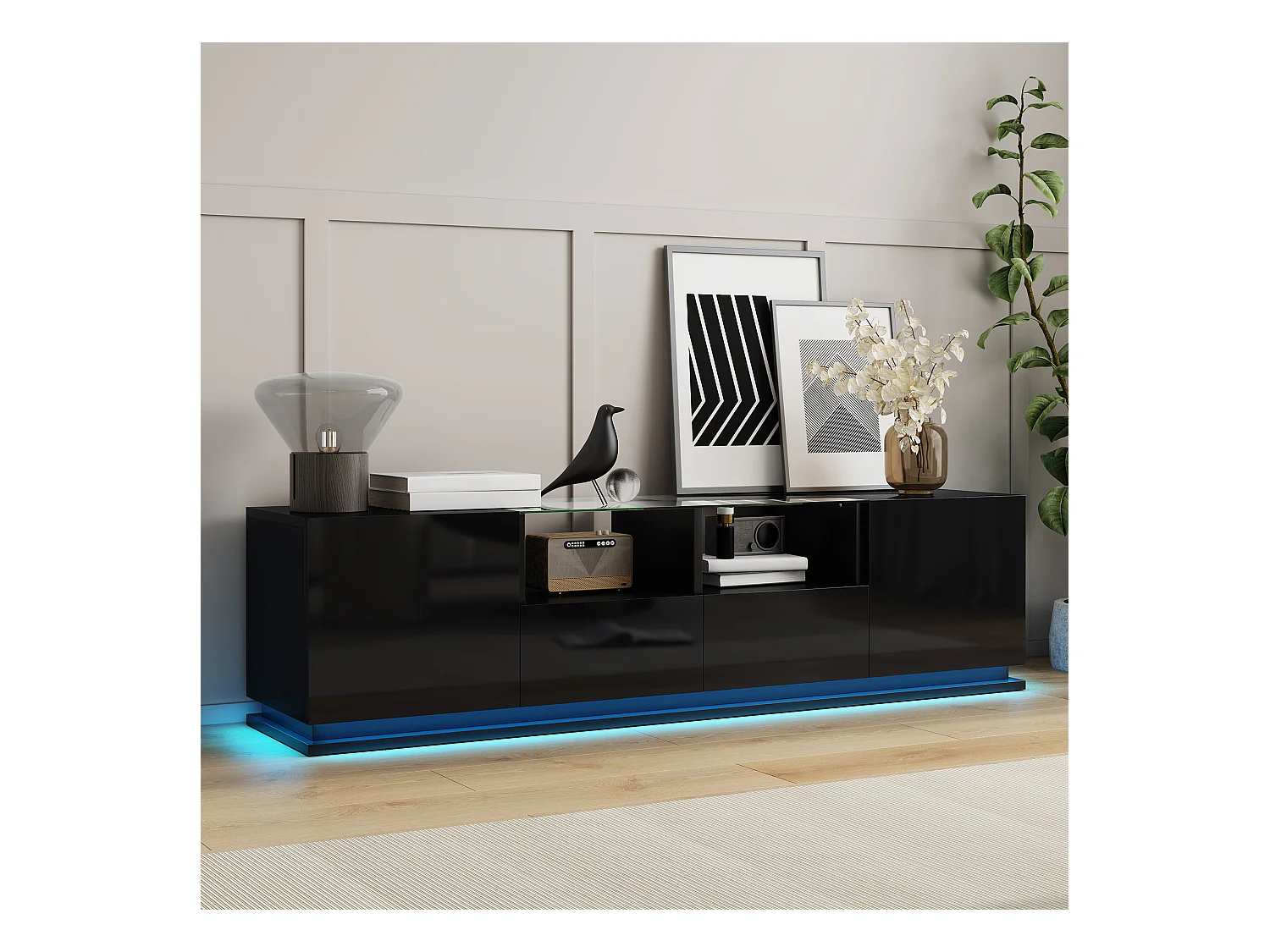 Glanzend TV-meubel met glazen planken - 165 x 38 x 43 cm - 2 laden en 2 deuren - LED's - Spaanplaat - Zwart