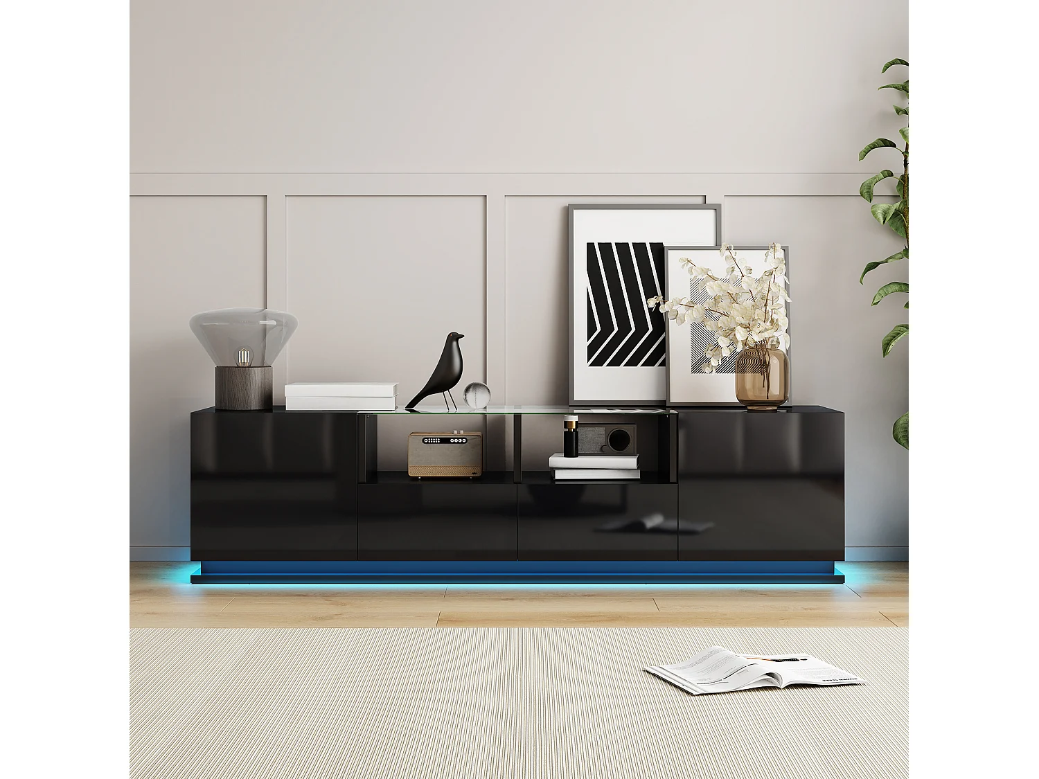 Glanzend TV-meubel met glazen planken - 165 x 38 x 43 cm - 2 laden en 2 deuren - LED's - Spaanplaat - Zwart