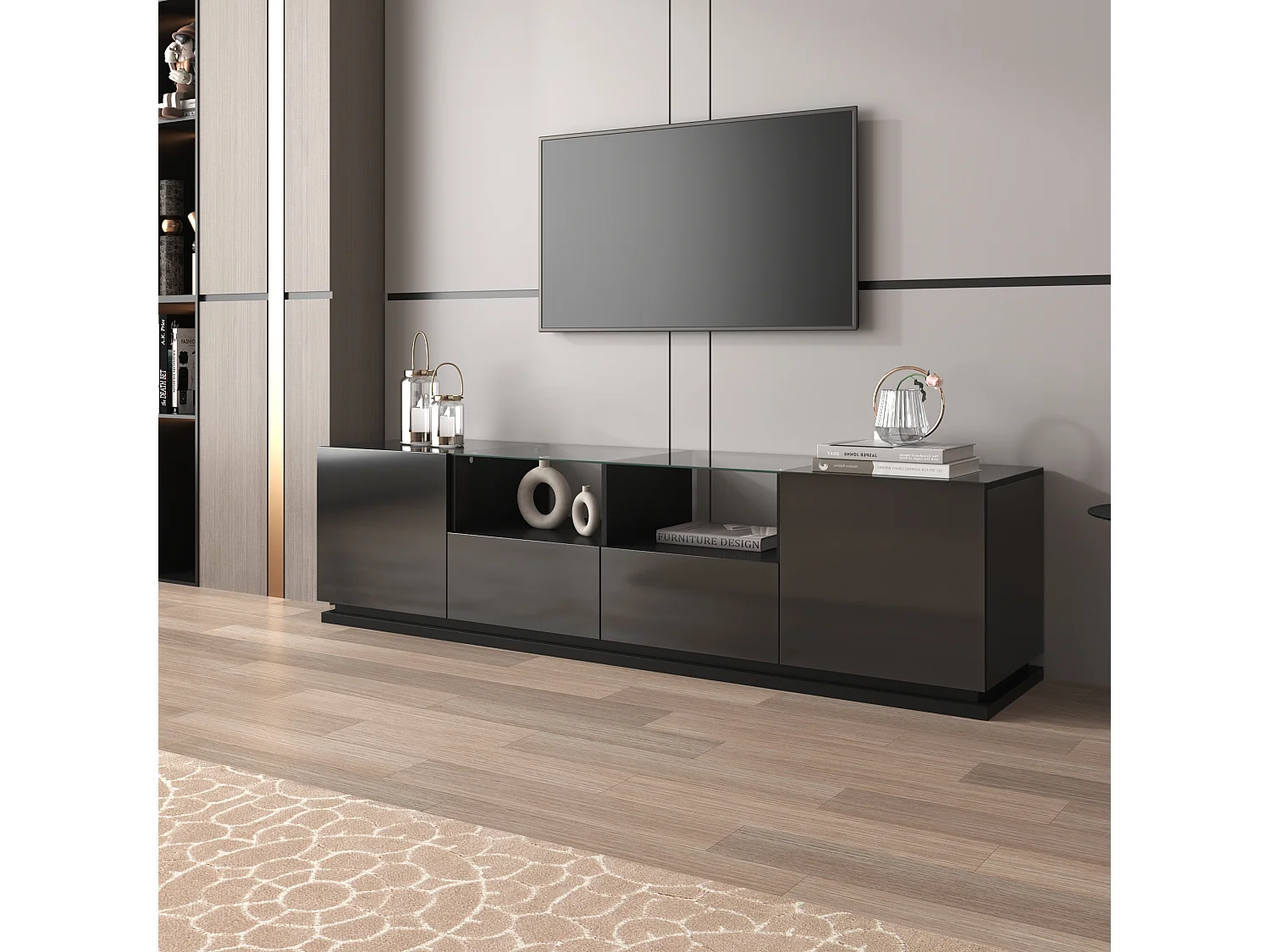 Glanzend TV-meubel met glazen planken - 165 x 38 x 43 cm - 2 laden en 2 deuren - LED's - Spaanplaat - Zwart