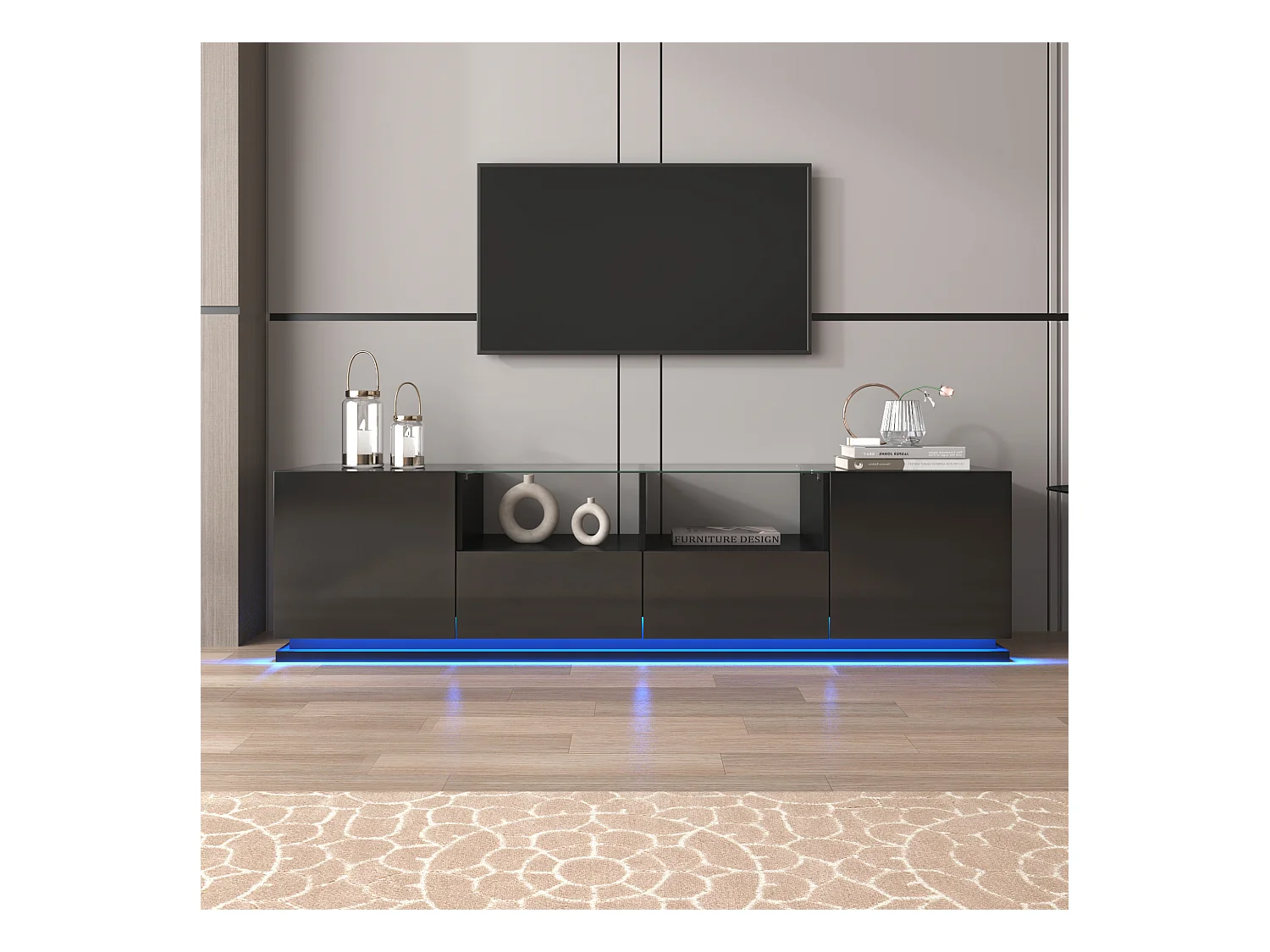 Glanzend TV-meubel met glazen planken - 165 x 38 x 43 cm - 2 laden en 2 deuren - LED's - Spaanplaat - Zwart