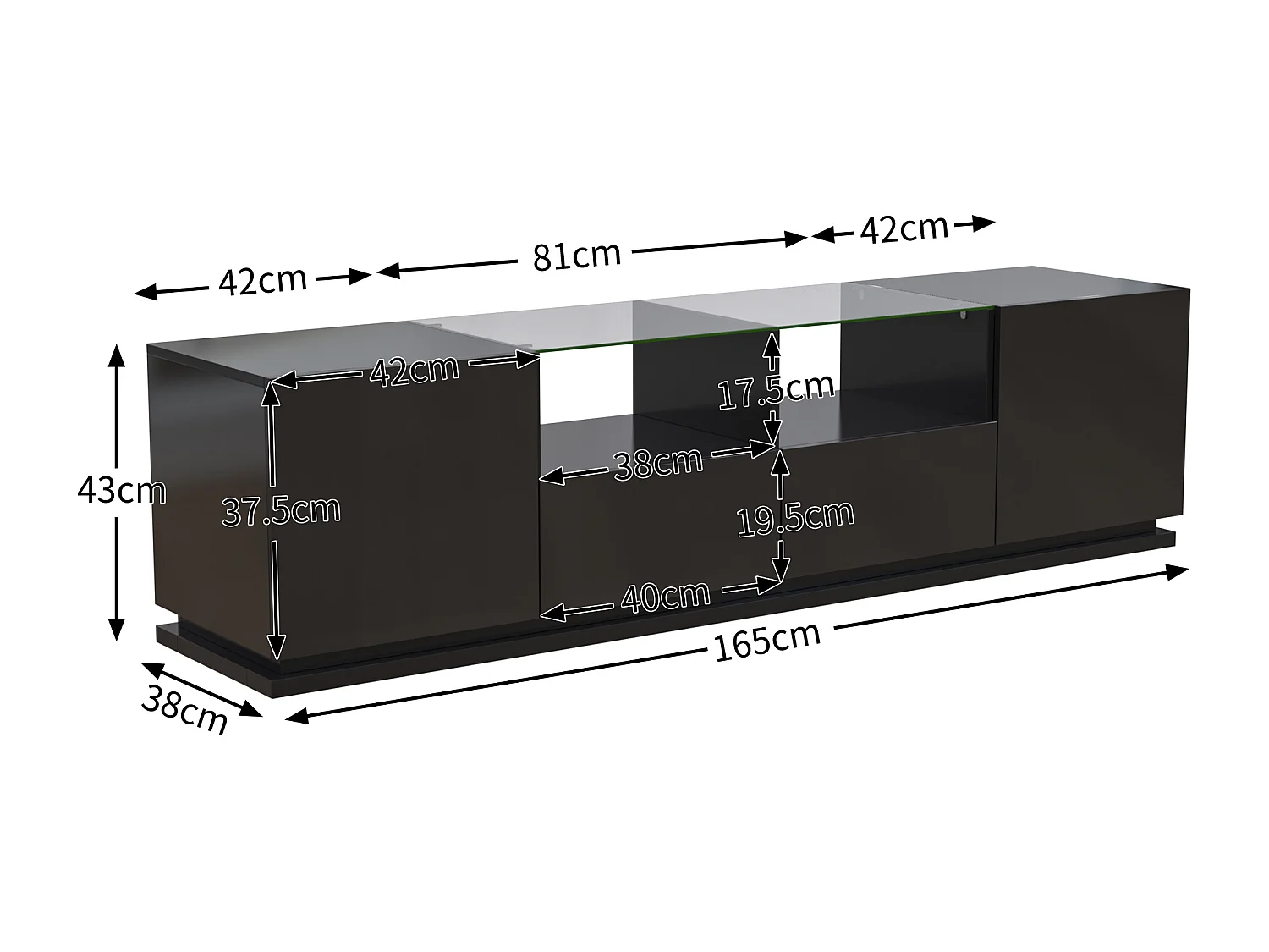 Glanzend TV-meubel met glazen planken - 165 x 38 x 43 cm - 2 laden en 2 deuren - LED's - Spaanplaat - Zwart