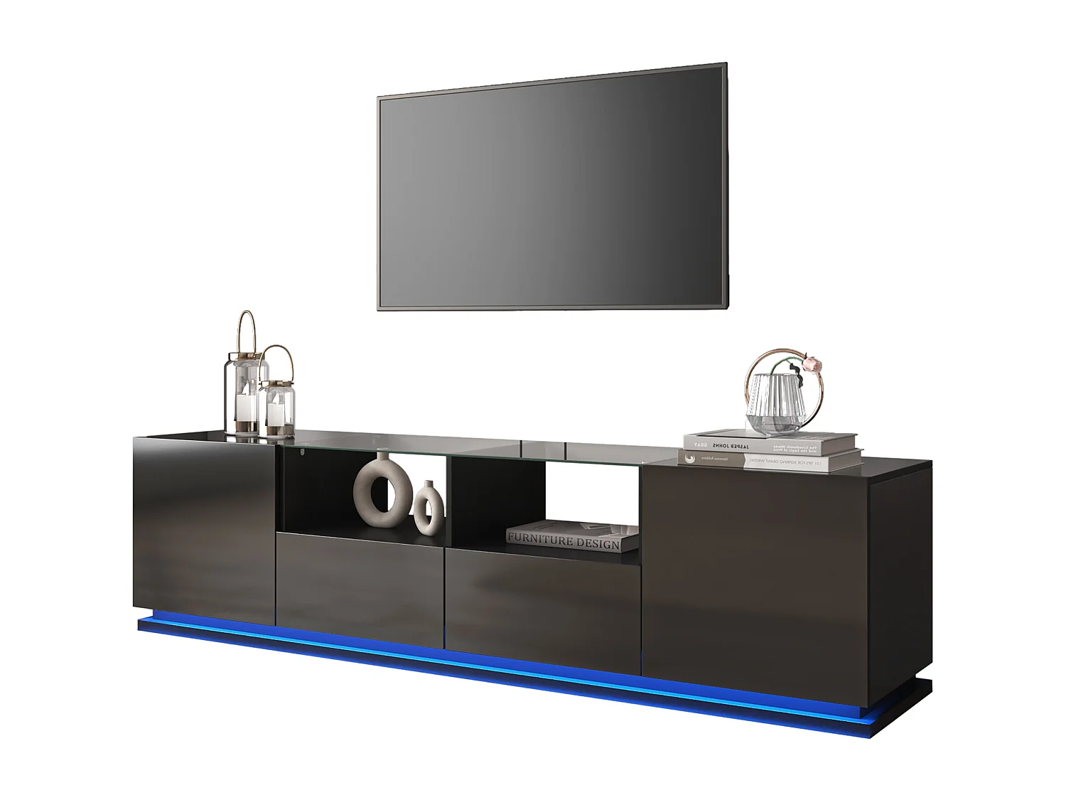 Glanzend TV-meubel met glazen planken - 165 x 38 x 43 cm - 2 laden en 2 deuren - LED's - Spaanplaat - Zwart