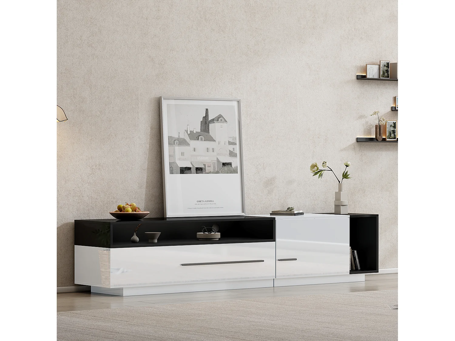 Mueble de TV brillante con 1 puerta y 1 cajón - 170 x 38 x 42 cm - Tablero de partículas - Blanco y negro