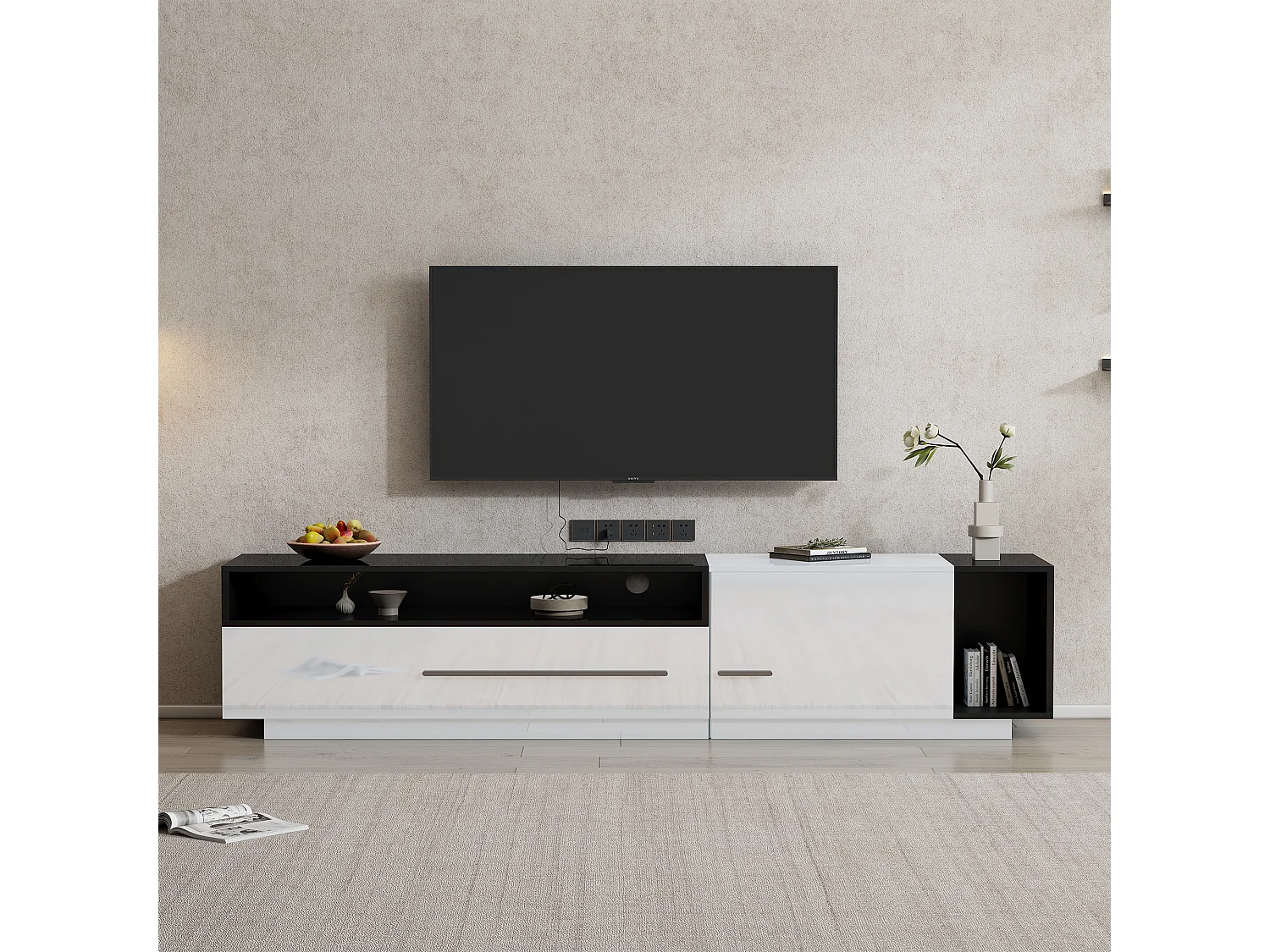 Mueble de TV brillante con 1 puerta y 1 cajón - 170 x 38 x 42 cm - Tablero de partículas - Blanco y negro