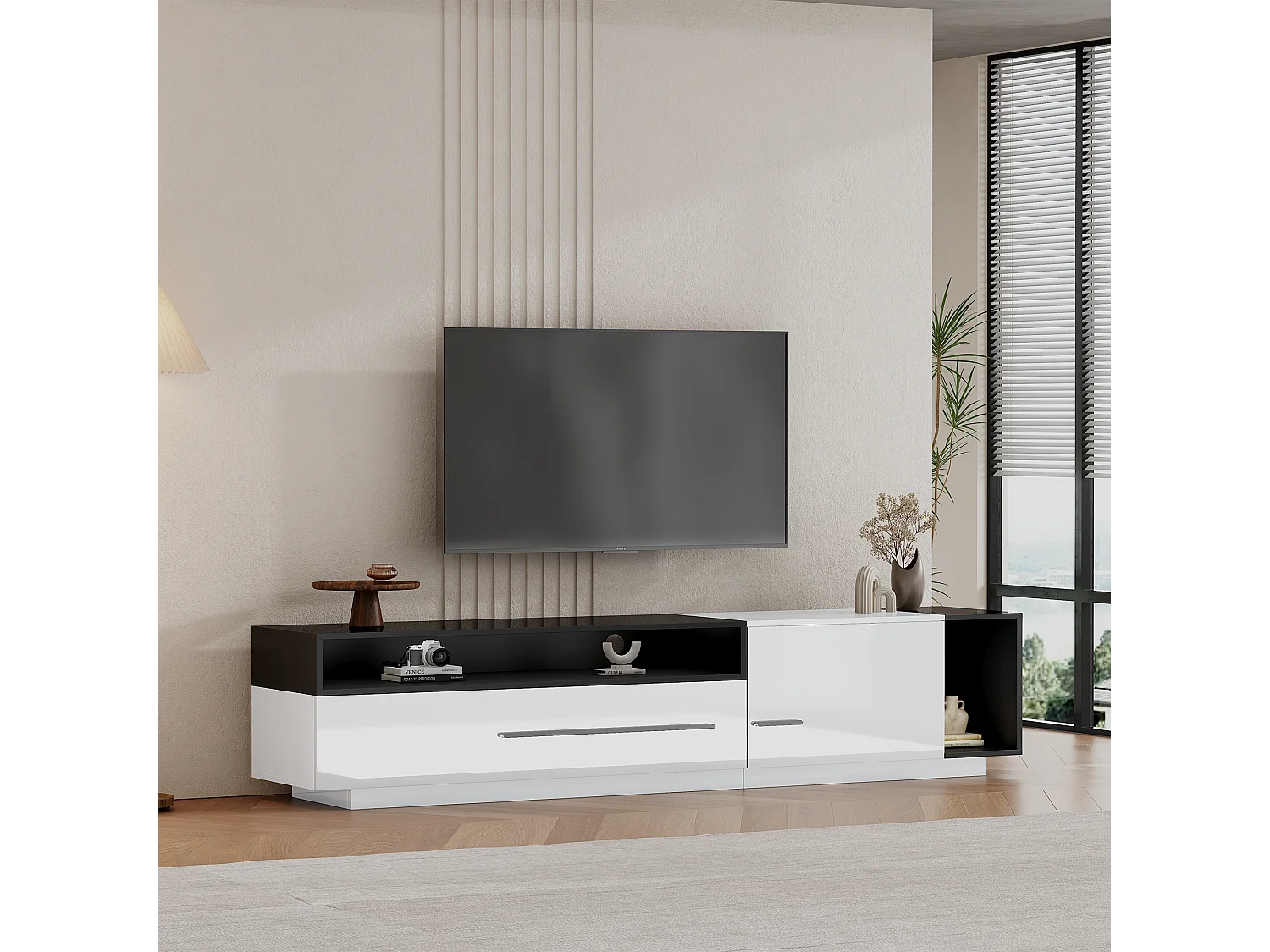 Mueble de TV brillante con 1 puerta y 1 cajón - 170 x 38 x 42 cm - Tablero de partículas - Blanco y negro