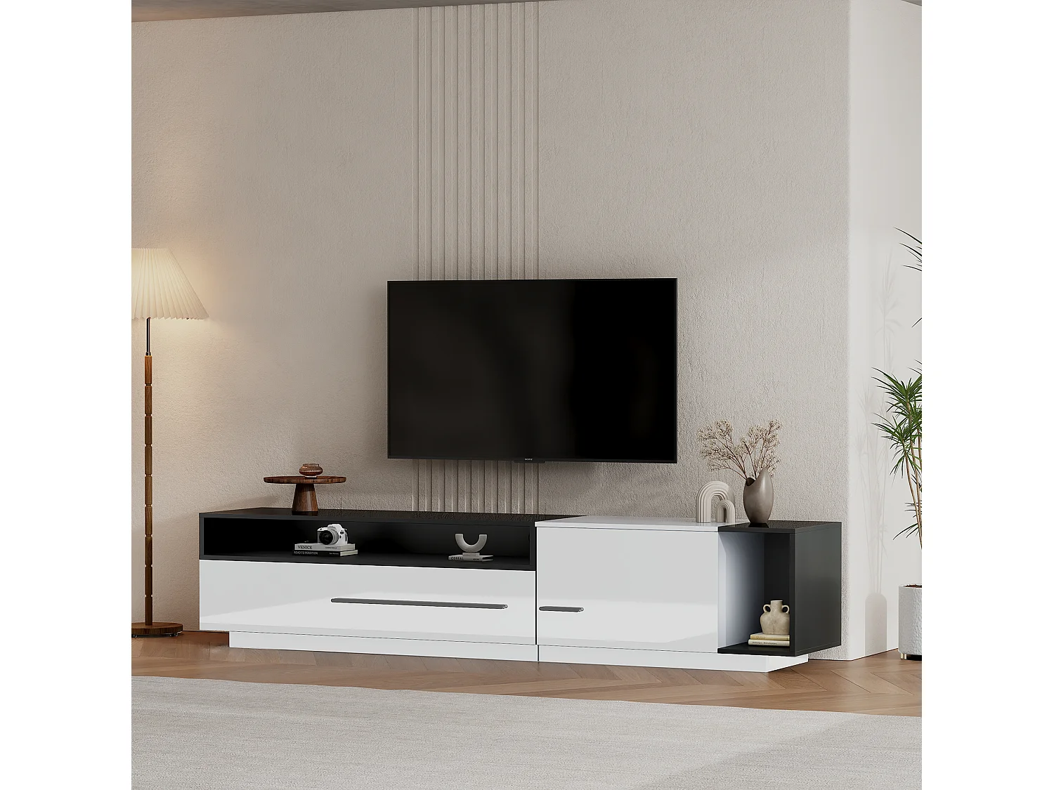 Meuble TV brillant avec 1 porte et 1 tiroir - 170 x 38 x 42 cm - Panneau de particules - Blanc et noir