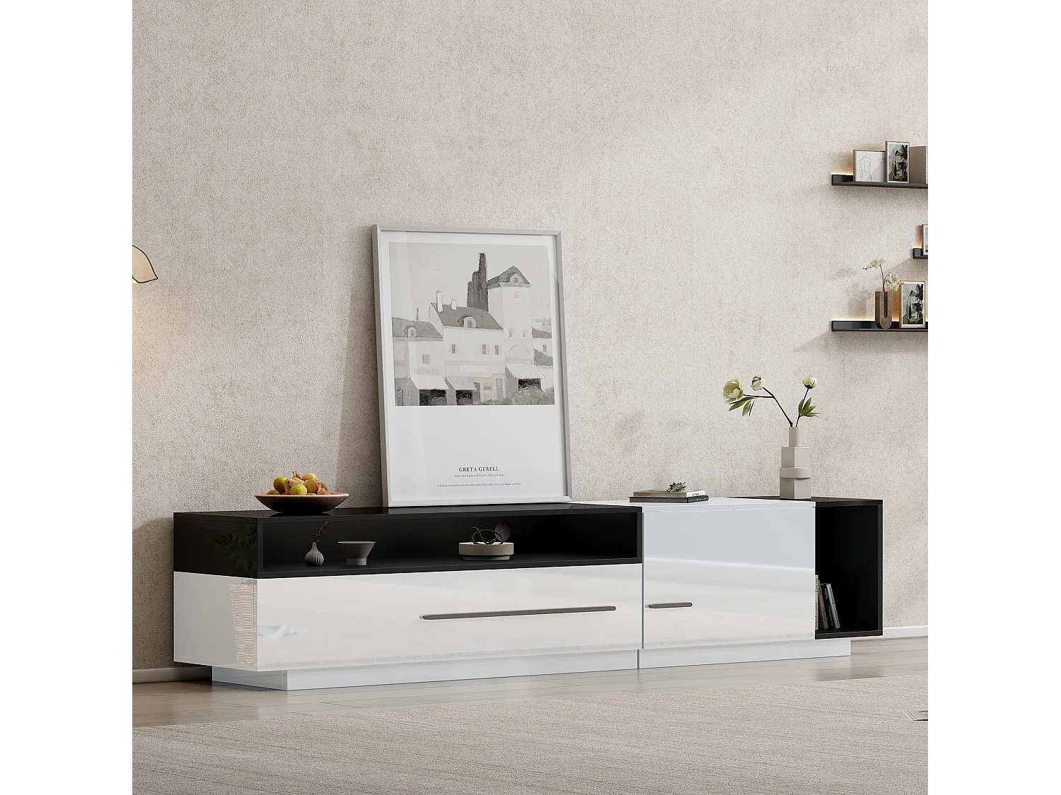 Móvel TV brilhante com 1 porta e 1 gaveta - 170 x 38 x 42 cm - Aglomerado - Branco e preto