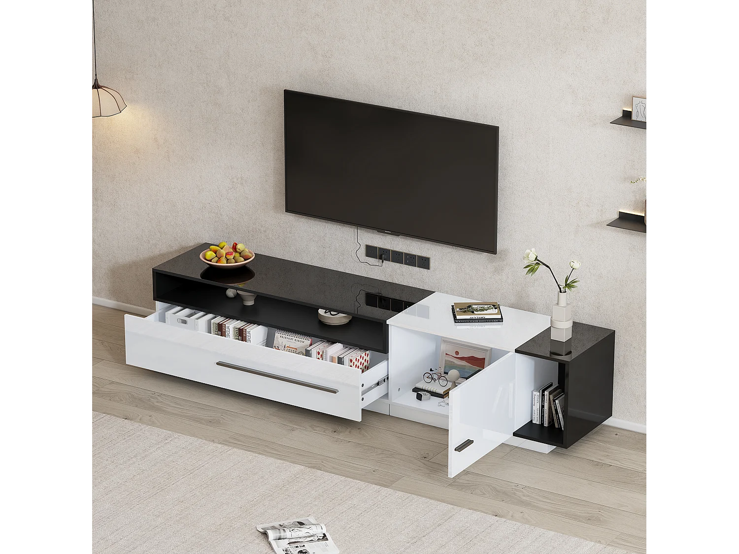 Móvel TV brilhante com 1 porta e 1 gaveta - 170 x 38 x 42 cm - Aglomerado - Branco e preto