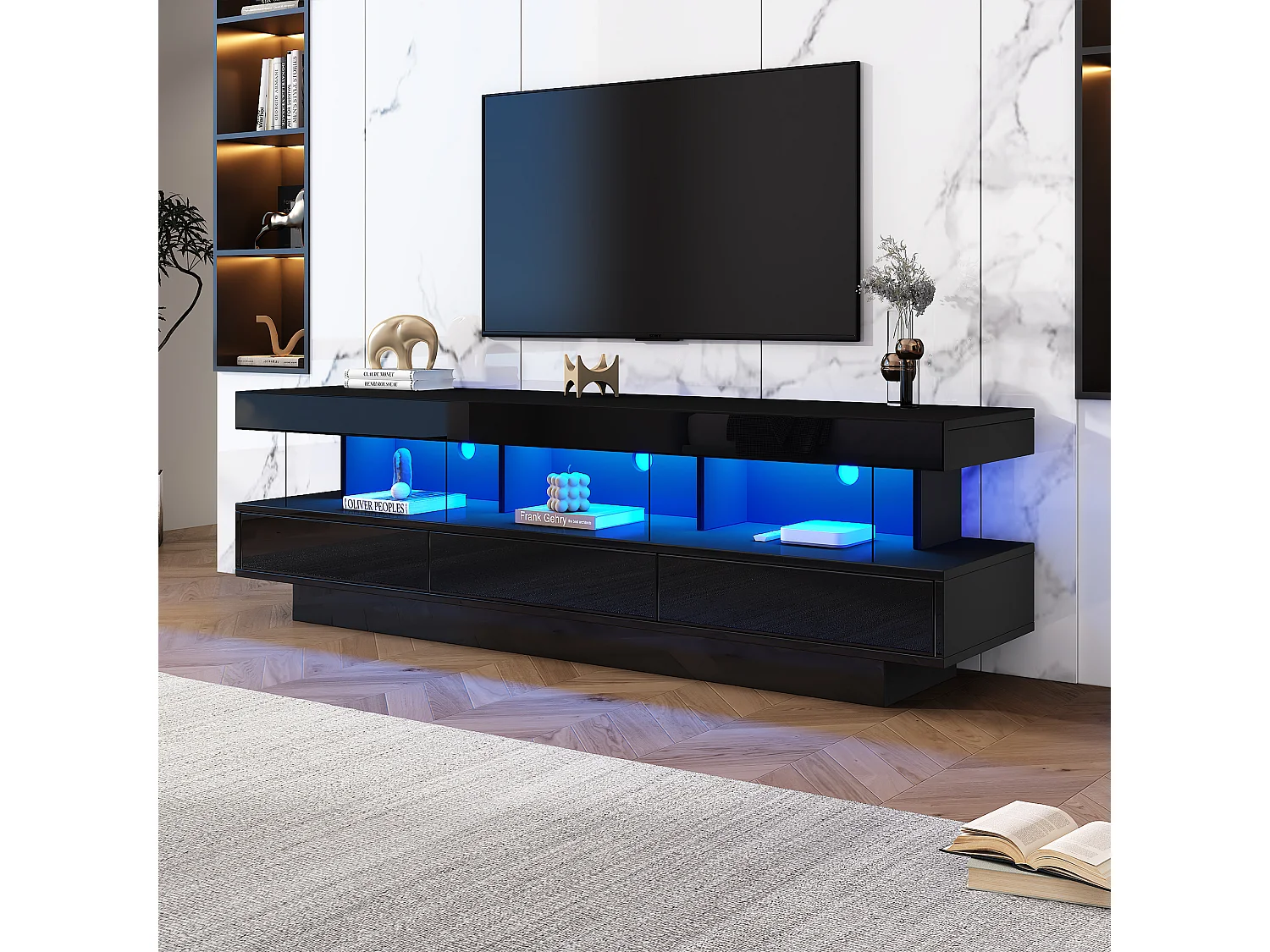 Meuble TV brillant - 160 x 38 x 50,5 cm - 3 étagères en verre - LEDs - Panneaux de particules - Noir