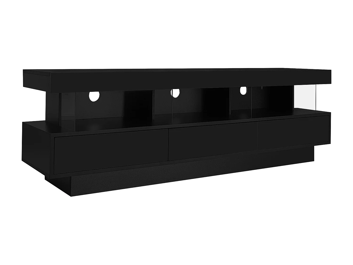 Meuble TV brillant - 160 x 38 x 50,5 cm - 3 étagères en verre - LEDs - Panneaux de particules - Noir