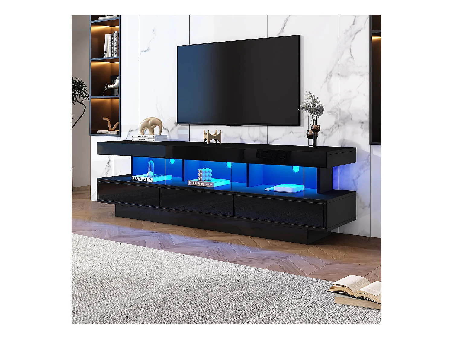 Glanzend TV-meubel - 160 x 38 x 50,5 cm - 3 glazen planken - LED's - Spaanplaat - Zwart