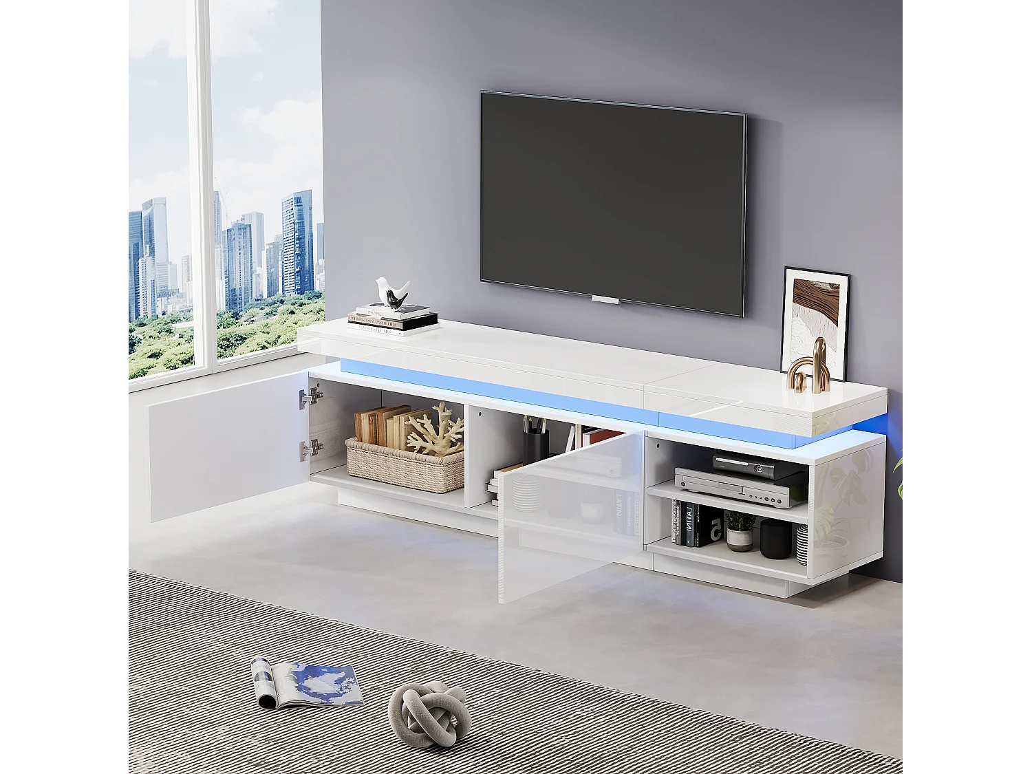 TV-meubel van 170 cm met 2 deuren en 2 planken - LED's - Spaanplaat - Glanzend wit