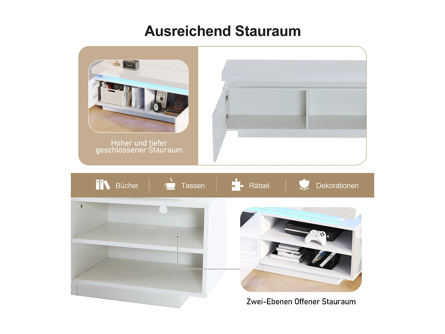 TV-meubel van 170 cm met 2 deuren en 2 planken - LED's - Spaanplaat - Glanzend wit