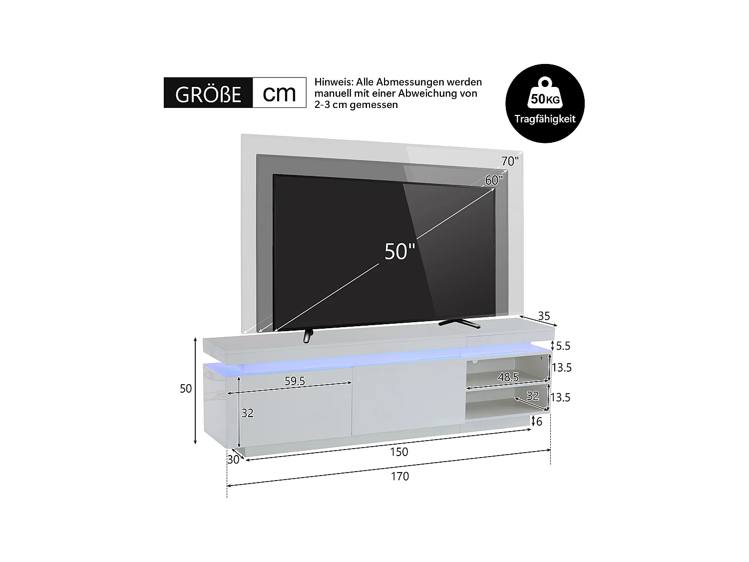 Meuble TV  170 cm avec 2 portes et 2 étagères - LEDs - Panneau de particules - Blanc brillant