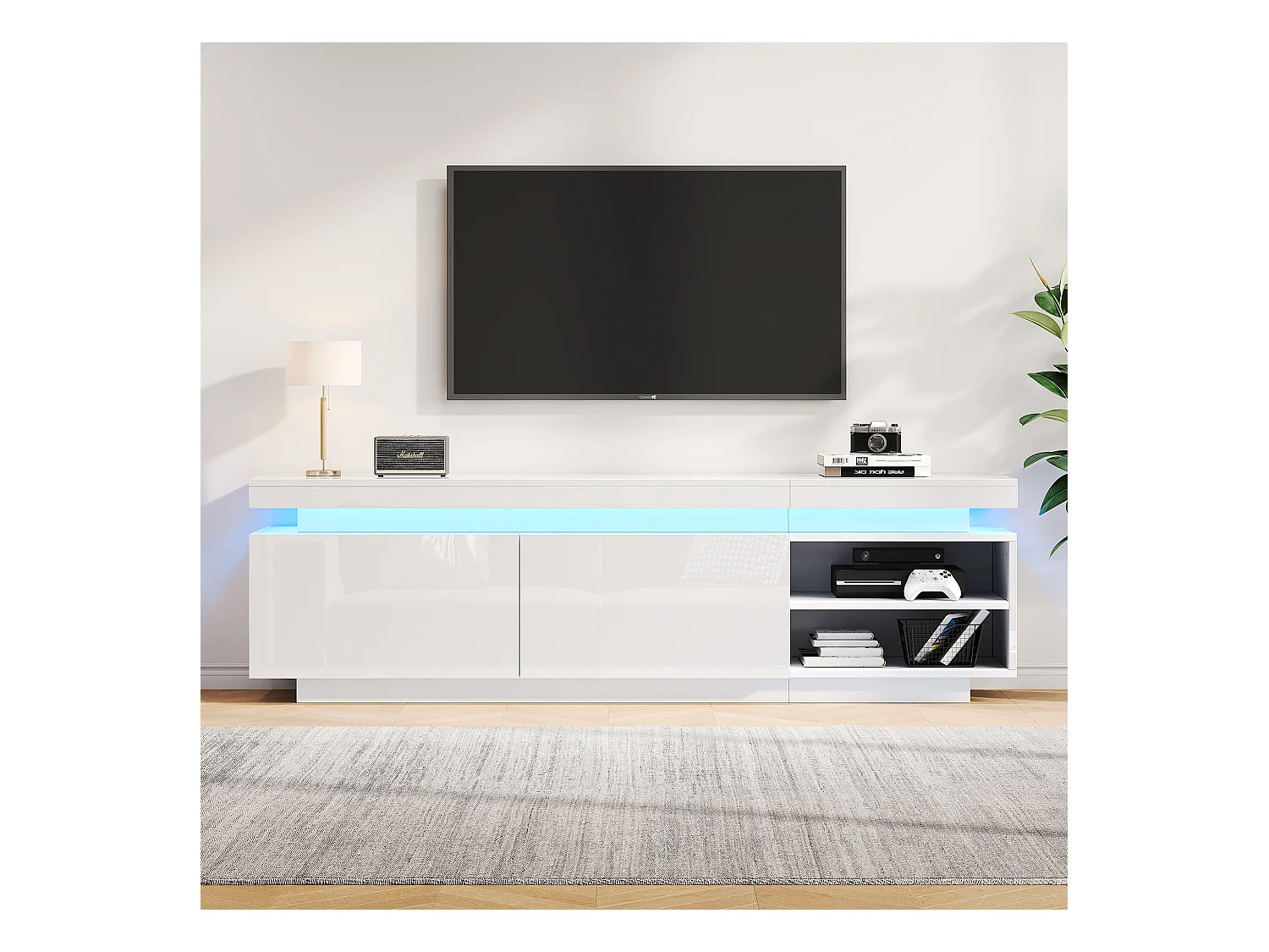 Meuble TV  170 cm avec 2 portes et 2 étagères - LEDs - Panneau de particules - Blanc brillant