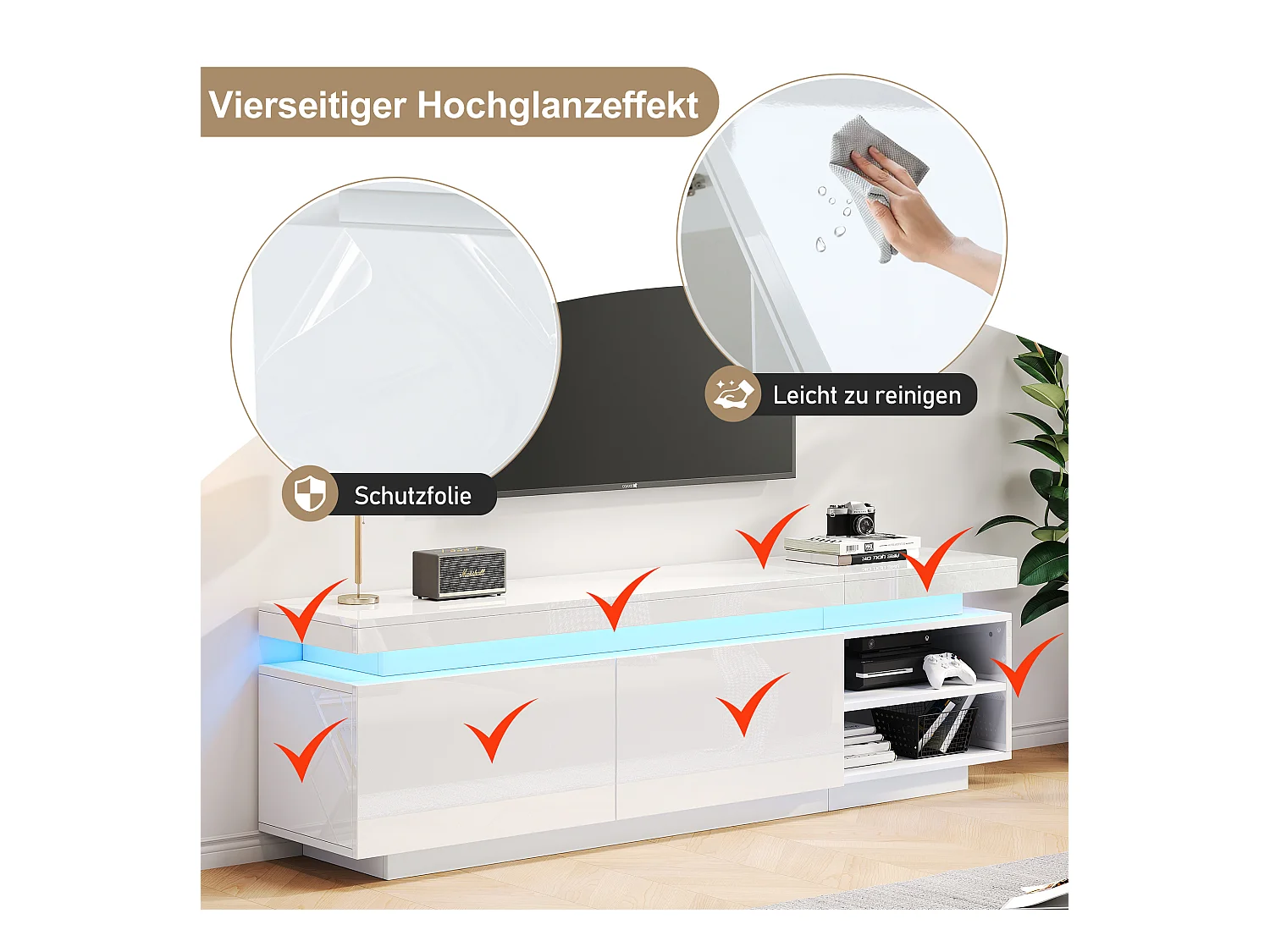 Meuble TV  170 cm avec 2 portes et 2 étagères - LEDs - Panneau de particules - Blanc brillant