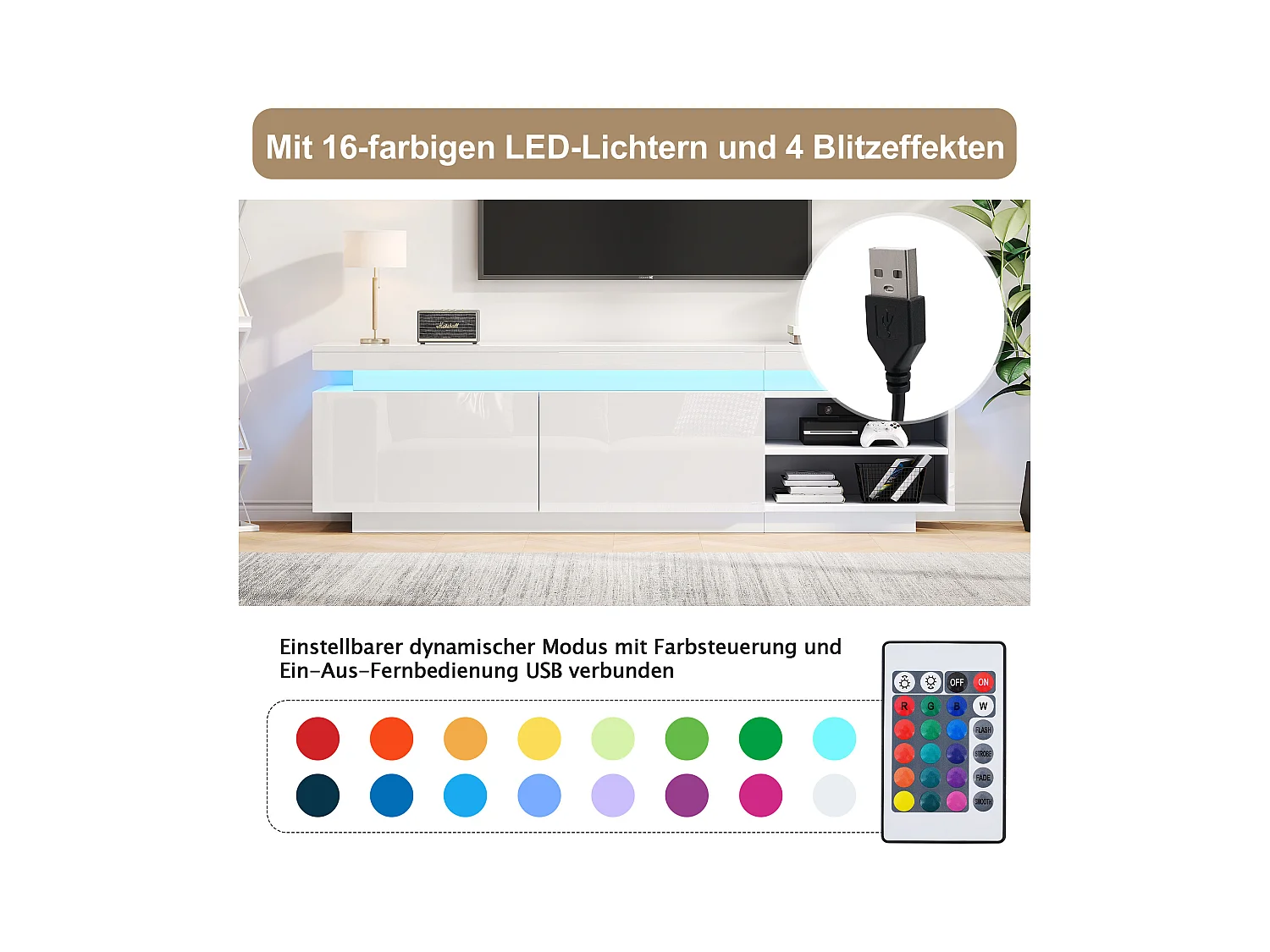Meuble TV  170 cm avec 2 portes et 2 étagères - LEDs - Panneau de particules - Blanc brillant