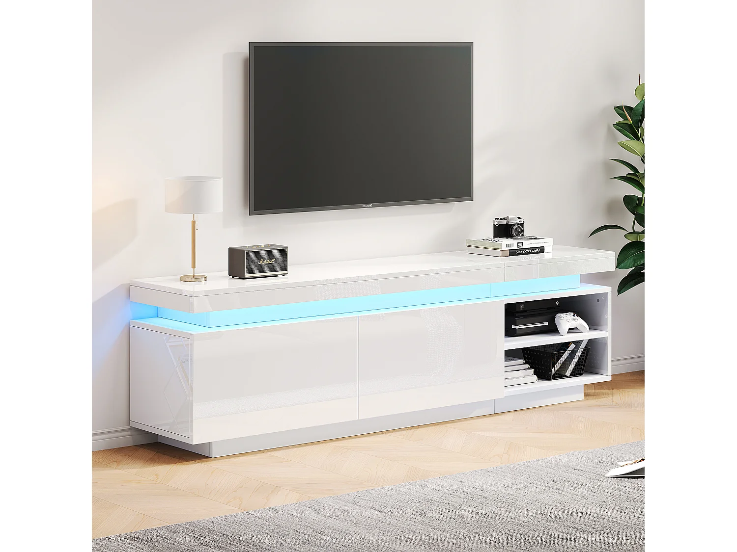 Meuble TV  170 cm avec 2 portes et 2 étagères - LEDs - Panneau de particules - Blanc brillant