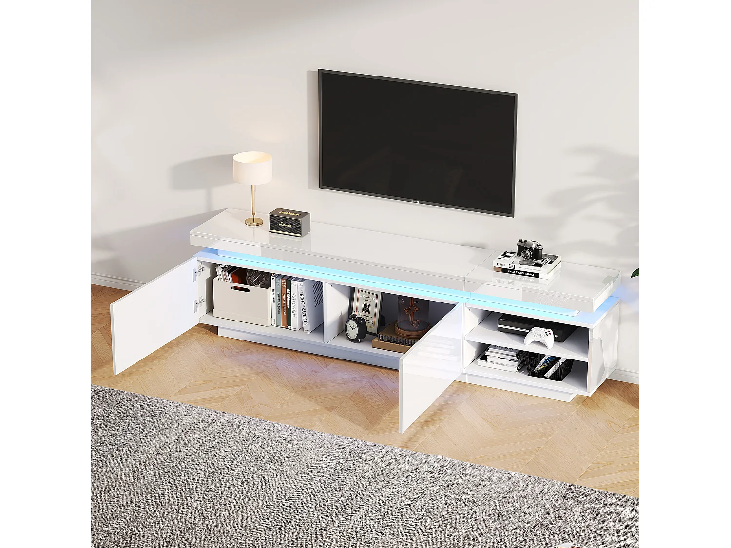 Meuble TV  170 cm avec 2 portes et 2 étagères - LEDs - Panneau de particules - Blanc brillant