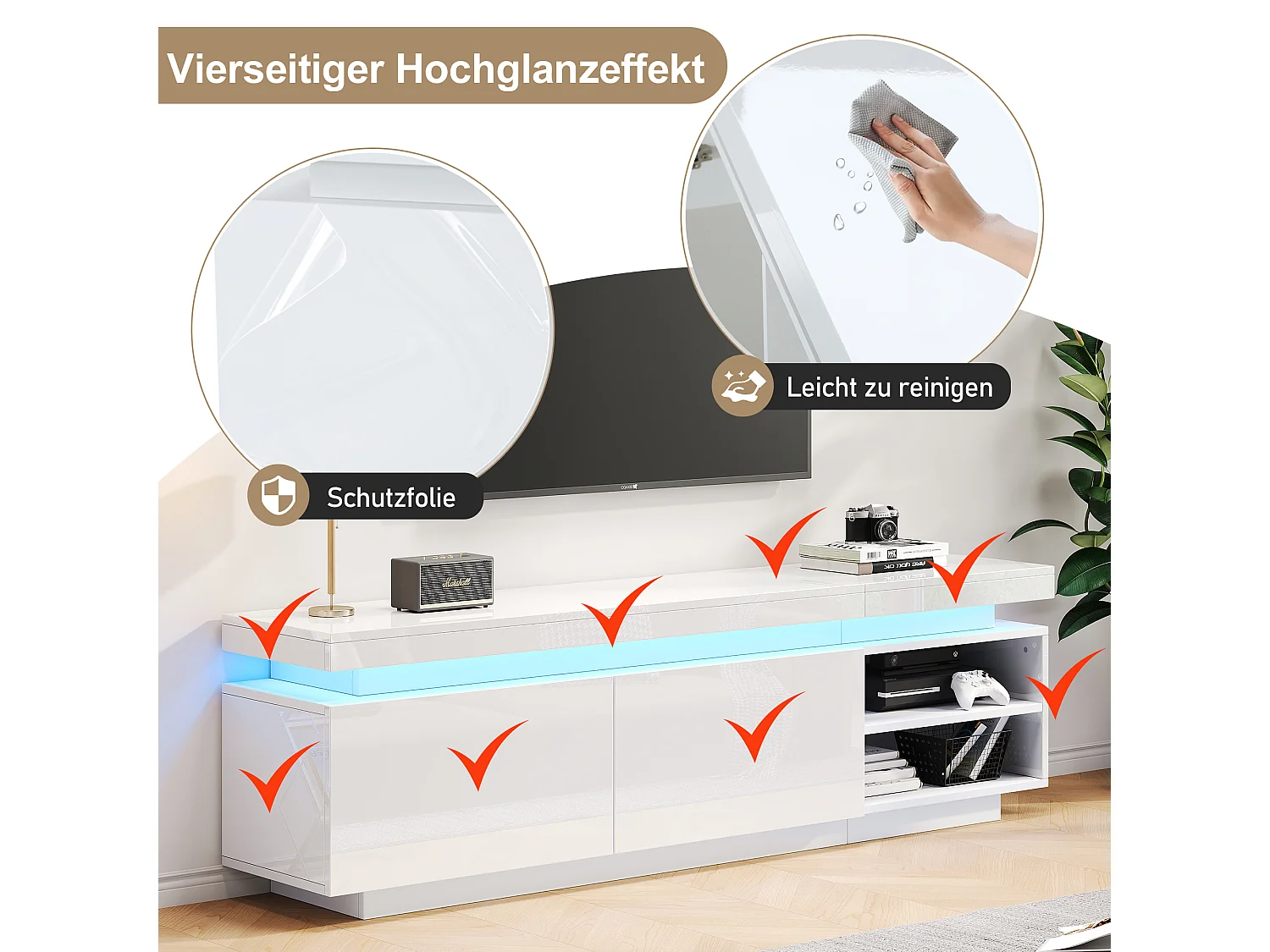 Meuble TV  170 cm avec 2 portes et 2 étagères - LEDs - Panneau de particules - Blanc brillant