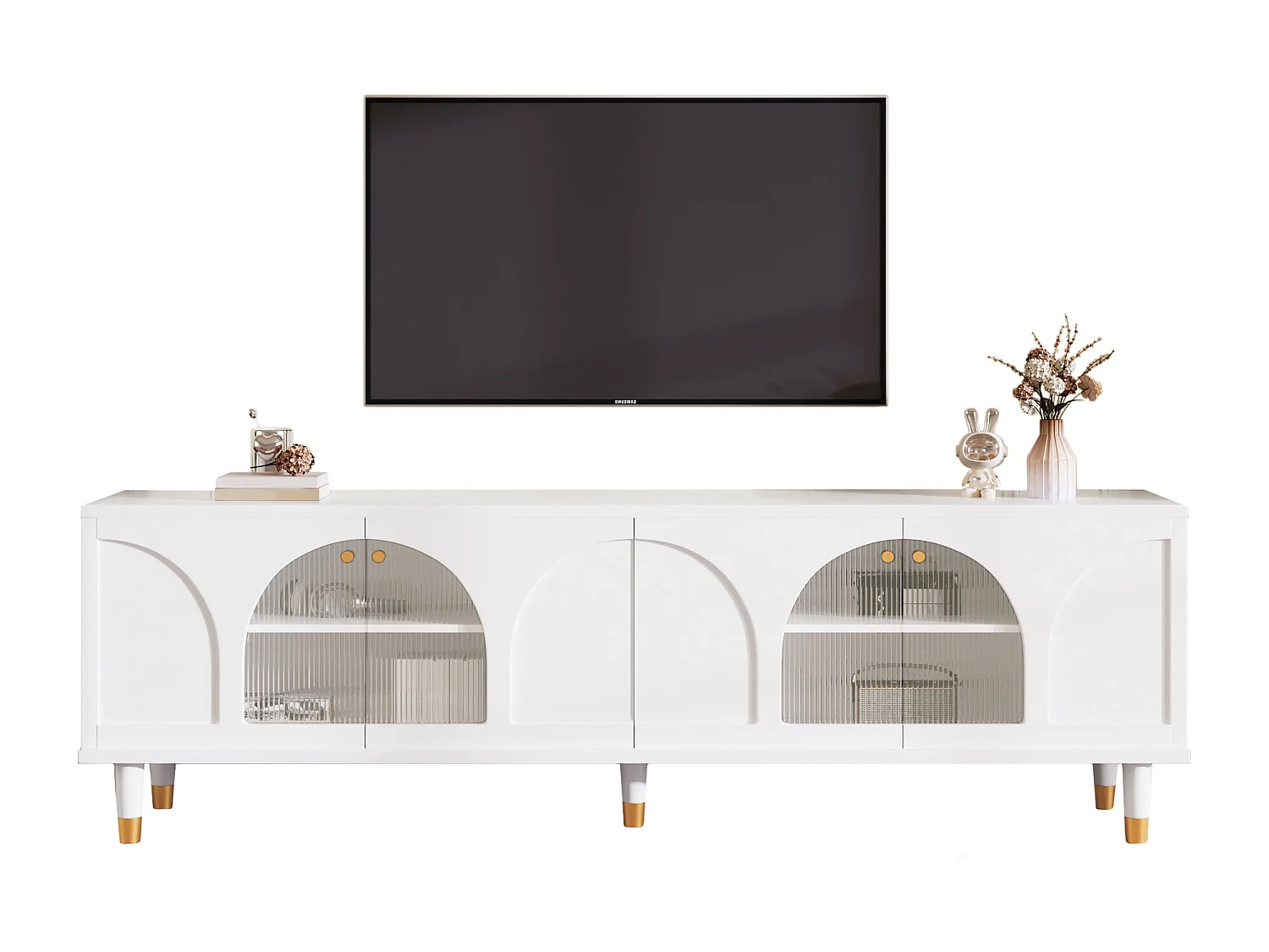 Meuble TV avec 4 portes en verre cannelé - 173 x 38 x 59 cm - Panneaux de particules et MDF - Blanc