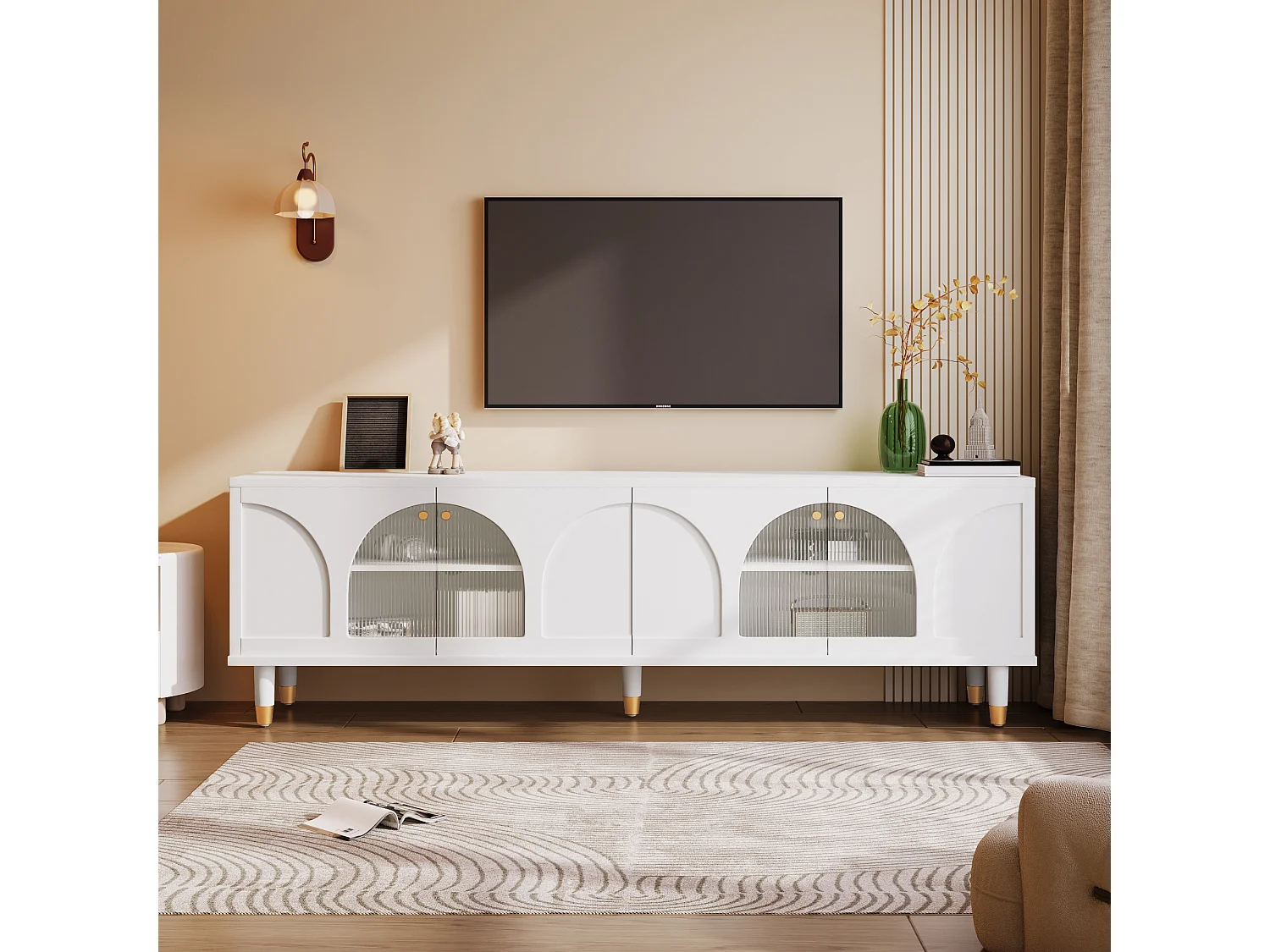 Meuble TV avec 4 portes en verre cannelé - 173 x 38 x 59 cm - Panneaux de particules et MDF - Blanc