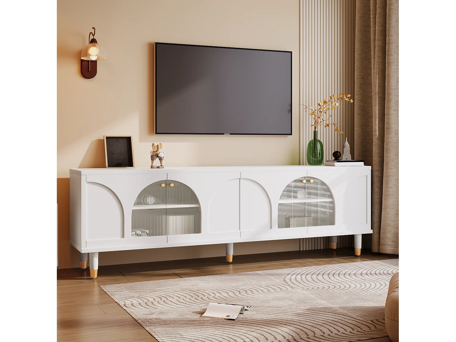 Meuble TV avec 4 portes en verre cannelé - 173 x 38 x 59 cm - Panneaux de particules et MDF - Blanc