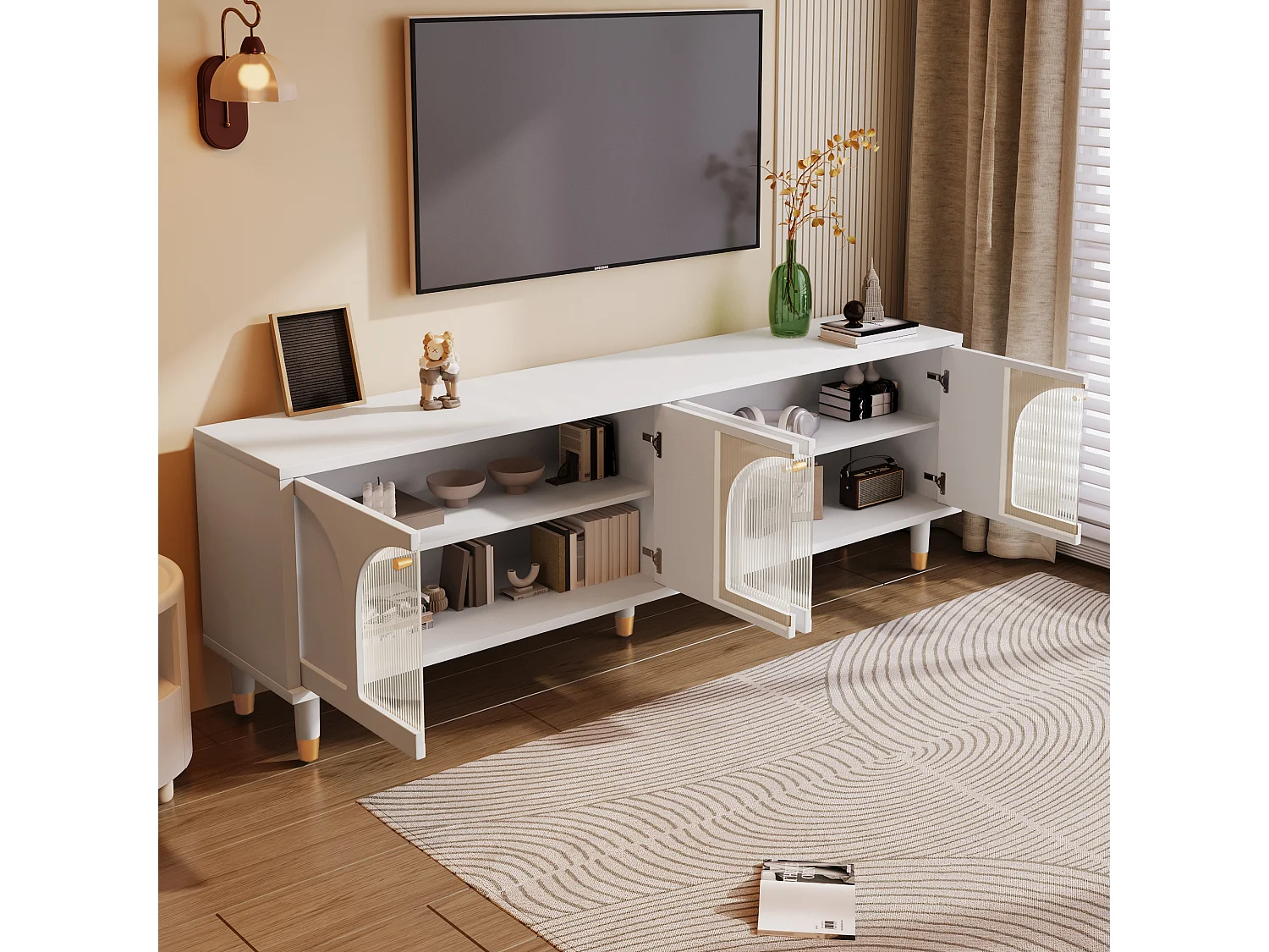 Meuble TV avec 4 portes en verre cannelé - 173 x 38 x 59 cm - Panneaux de particules et MDF - Blanc