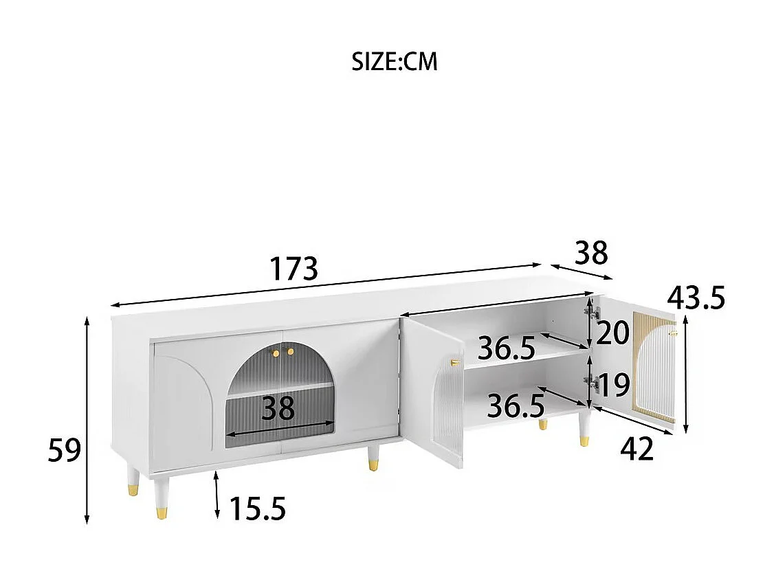 Meuble TV avec 4 portes en verre cannelé - 173 x 38 x 59 cm - Panneaux de particules et MDF - Blanc