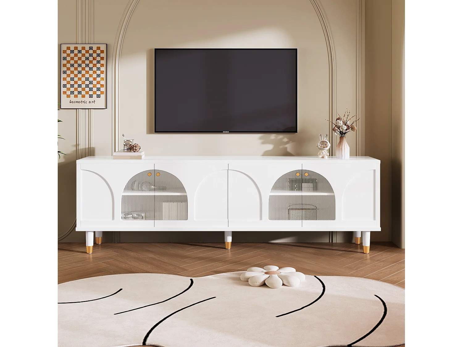Meuble TV avec 4 portes en verre cannelé - 173 x 38 x 59 cm - Panneaux de particules et MDF - Blanc