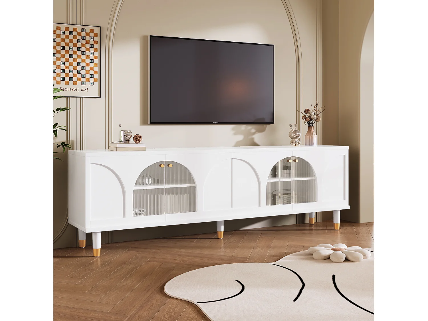 Meuble TV avec 4 portes en verre cannelé - 173 x 38 x 59 cm - Panneaux de particules et MDF - Blanc