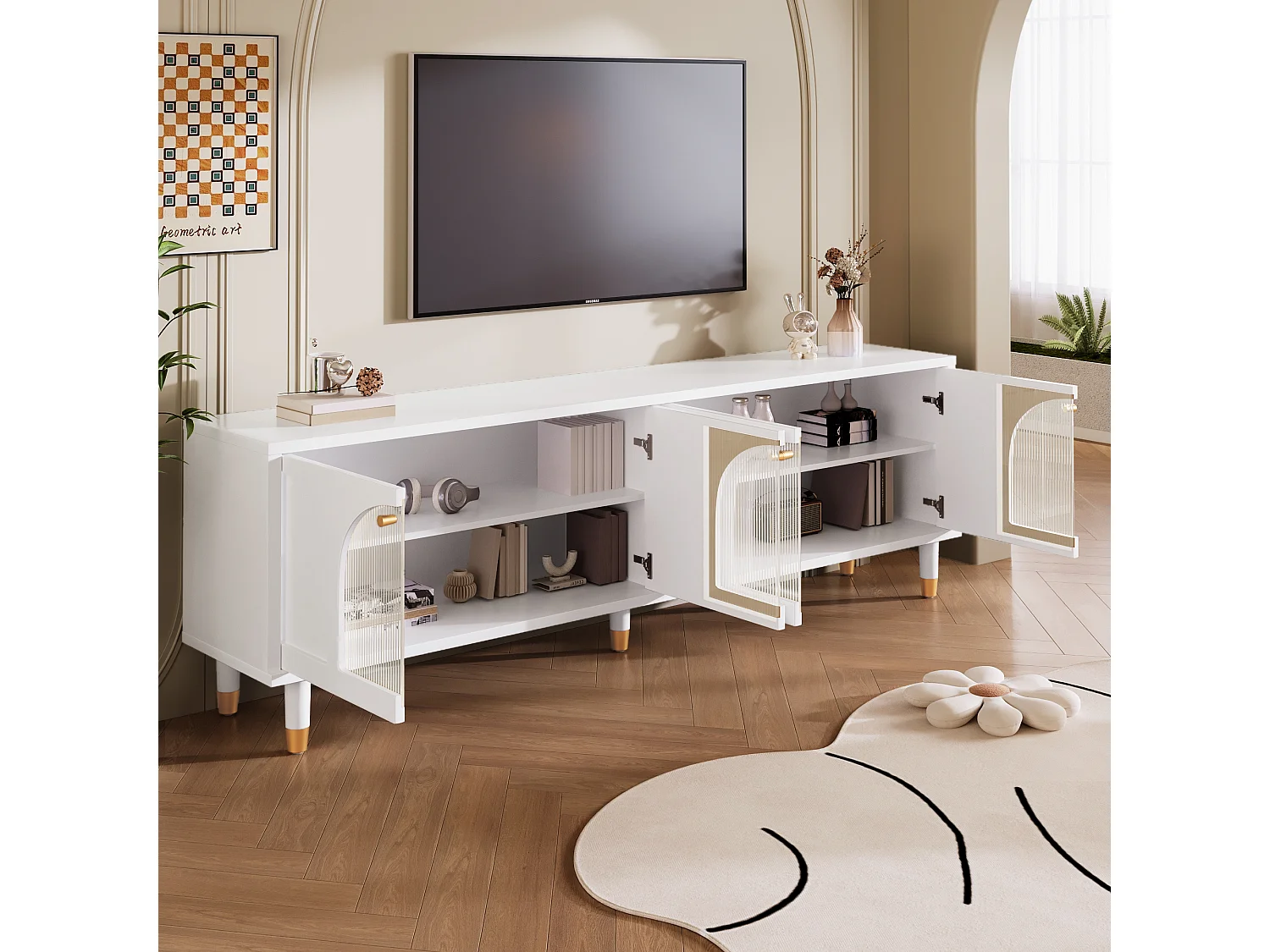 Meuble TV avec 4 portes en verre cannelé - 173 x 38 x 59 cm - Panneaux de particules et MDF - Blanc