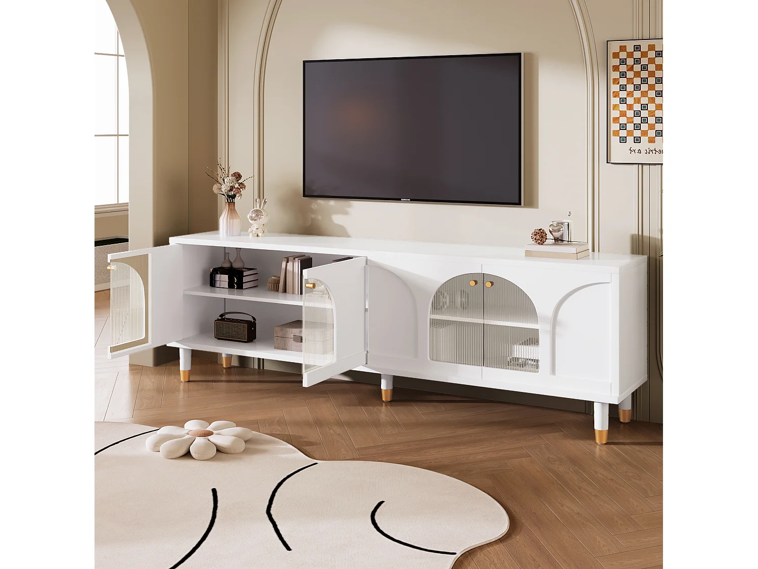 Meuble TV avec 4 portes en verre cannelé - 173 x 38 x 59 cm - Panneaux de particules et MDF - Blanc