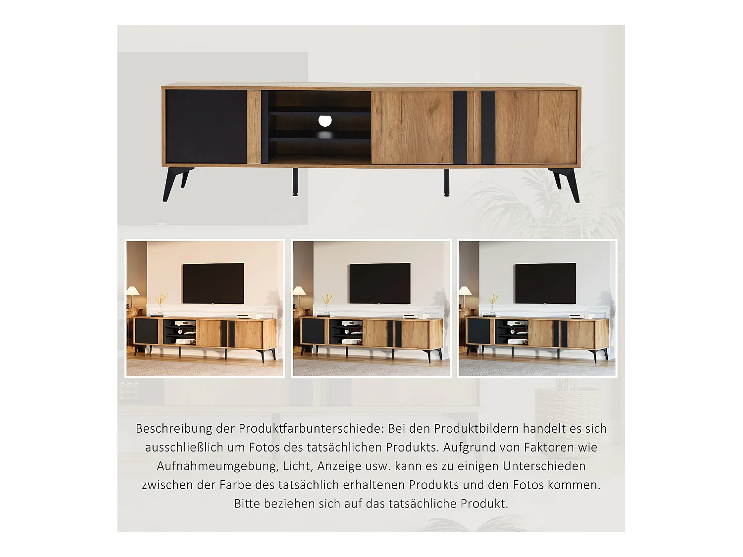 Meuble TV avec 3 portes et 3 niches ouvertes - 180 x 40 x 50 cm - Panneau de particules - Marron et noir