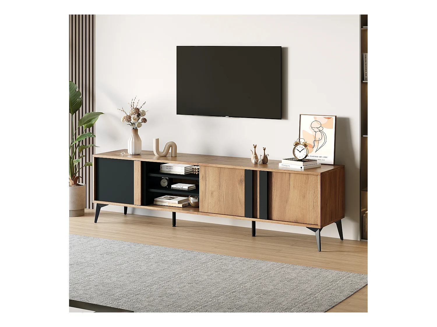 Meuble TV avec 3 portes et 3 niches ouvertes - 180 x 40 x 50 cm - Panneau de particules - Marron et noir