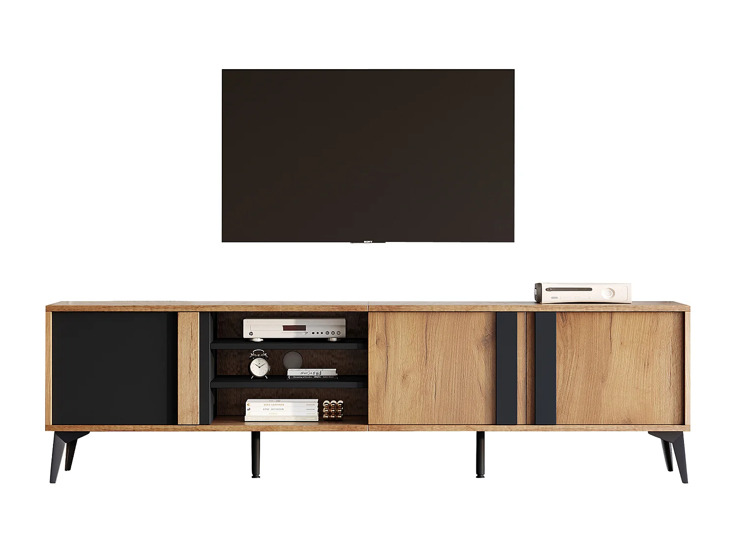 Meuble TV avec 3 portes et 3 niches ouvertes - 180 x 40 x 50 cm - Panneau de particules - Marron et noir
