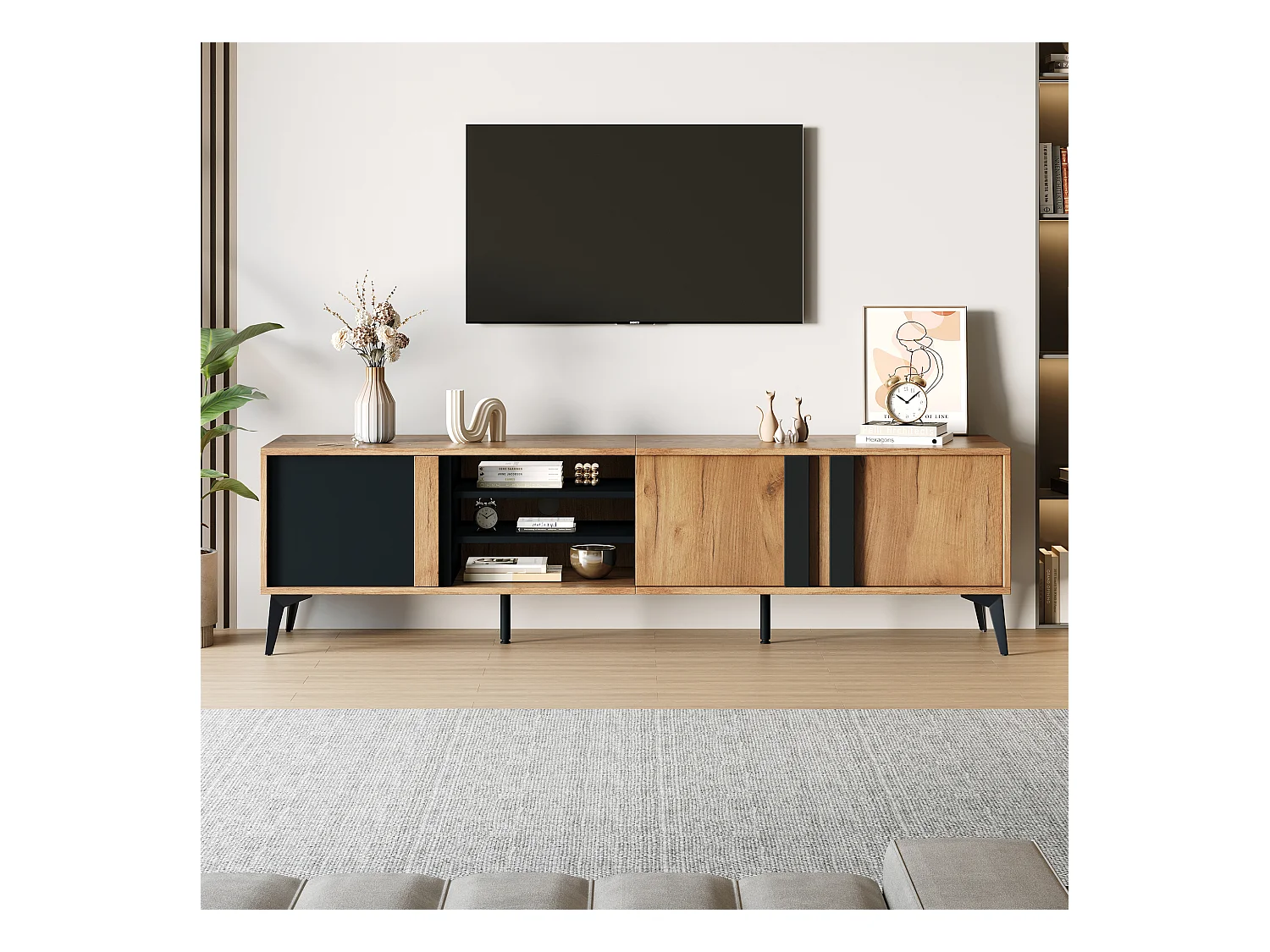 Meuble TV avec 3 portes et 3 niches ouvertes - 180 x 40 x 50 cm - Panneau de particules - Marron et noir