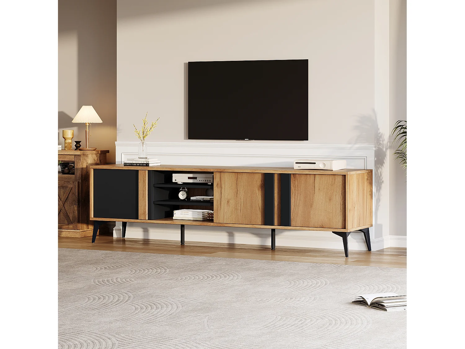 Mobile TV con 3 ante e 3 nicchie aperte - 180 x 40 x 50 cm - Truciolare - Marrone e nero